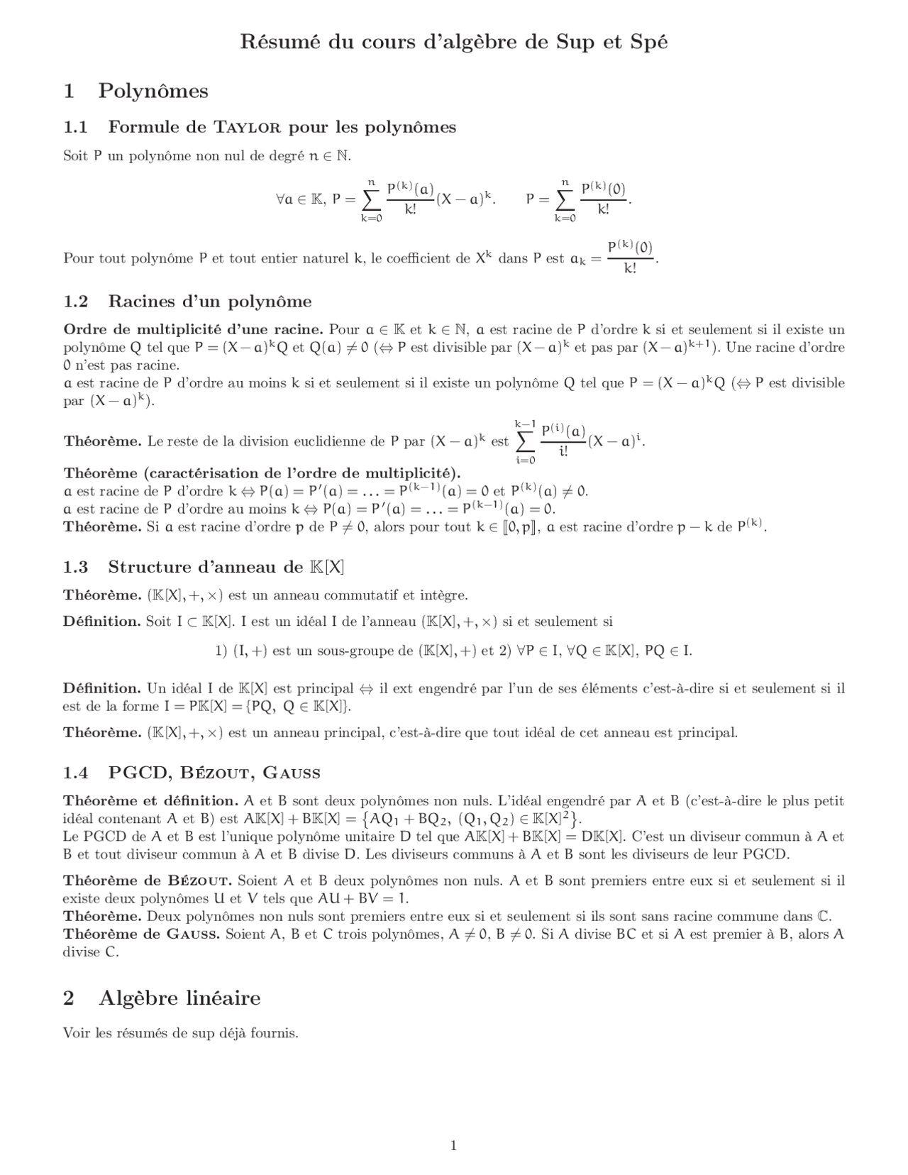 Résumé du cours d’algèbre de Sup et Spé Résumés Mathématiques Docsity — free download