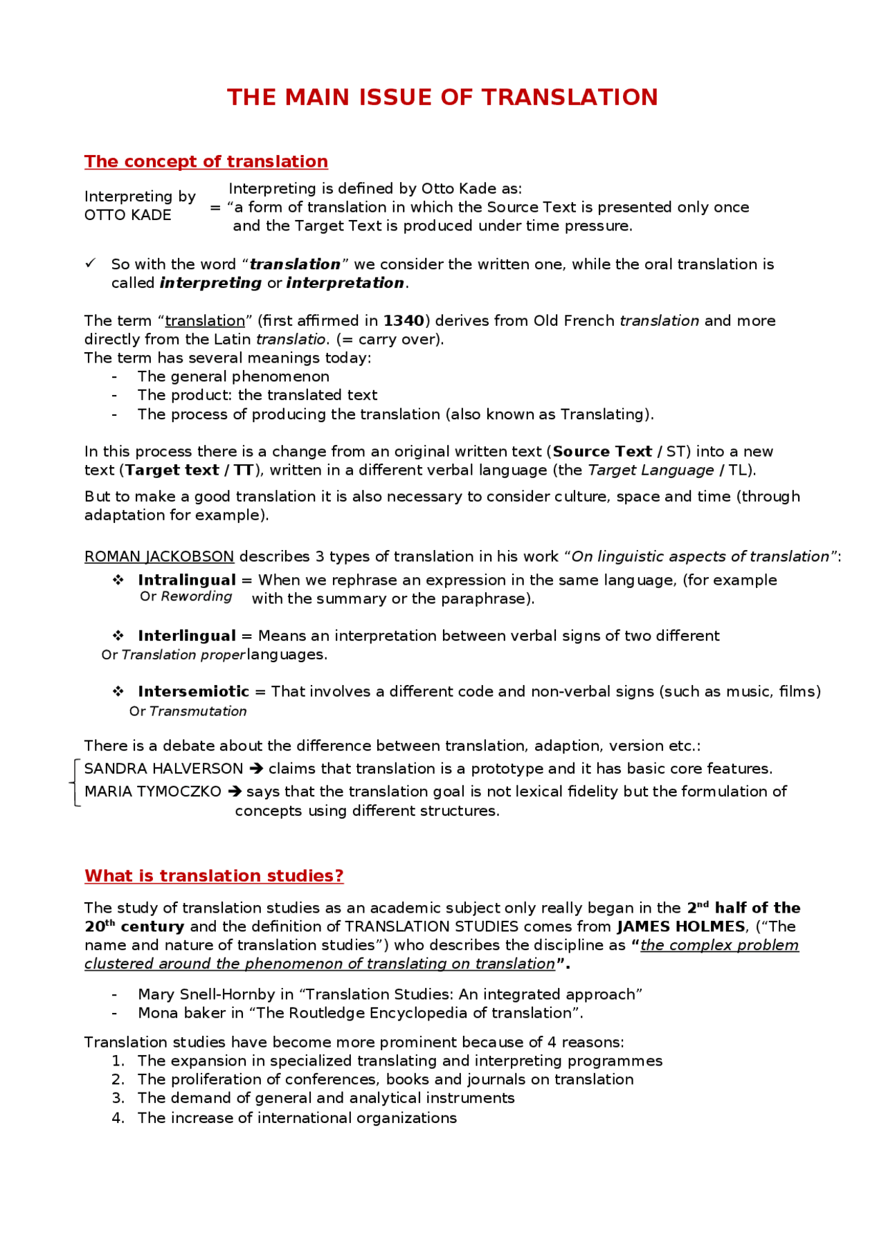 Capitolo 1: Main issues of translation studies - Docsity