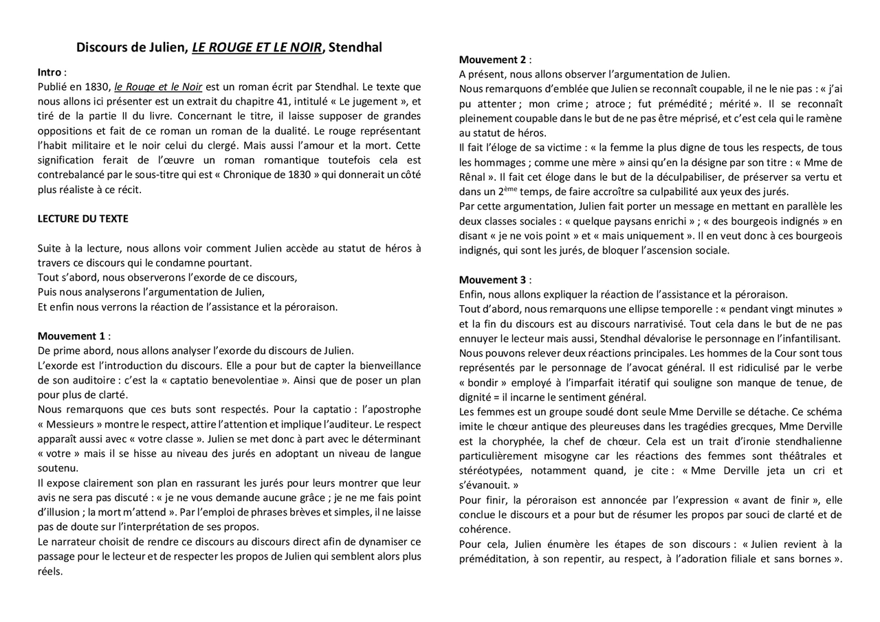 Exemple Dissertation Le Rouge Et Le Noir LE ROUGE ET LE NOIR Discours de Julien - Oral de français | Lectures  Français | Docsity