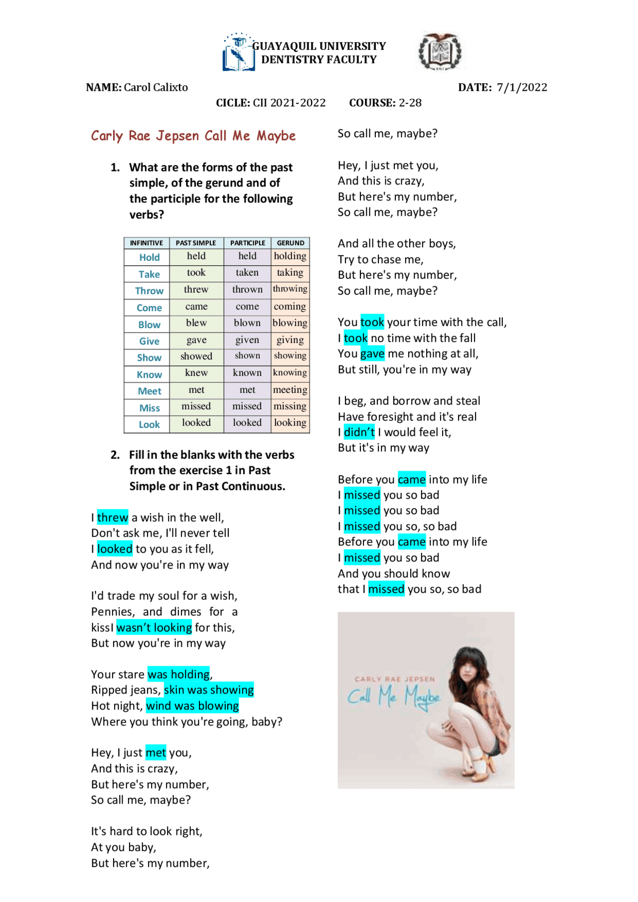 Call Me Maybe Worksheet.pdf Call me maybe simple past song task - Docsity