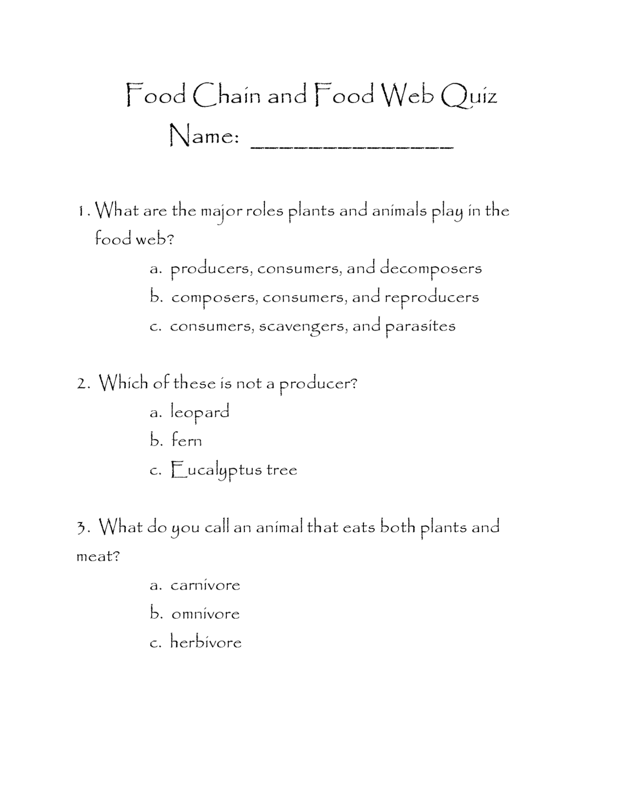 Food Chain and Food Web Quiz Biology Diagrams