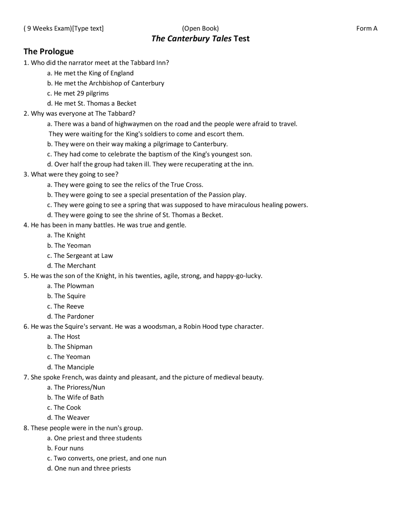 Selection Test The Canterbury Tales