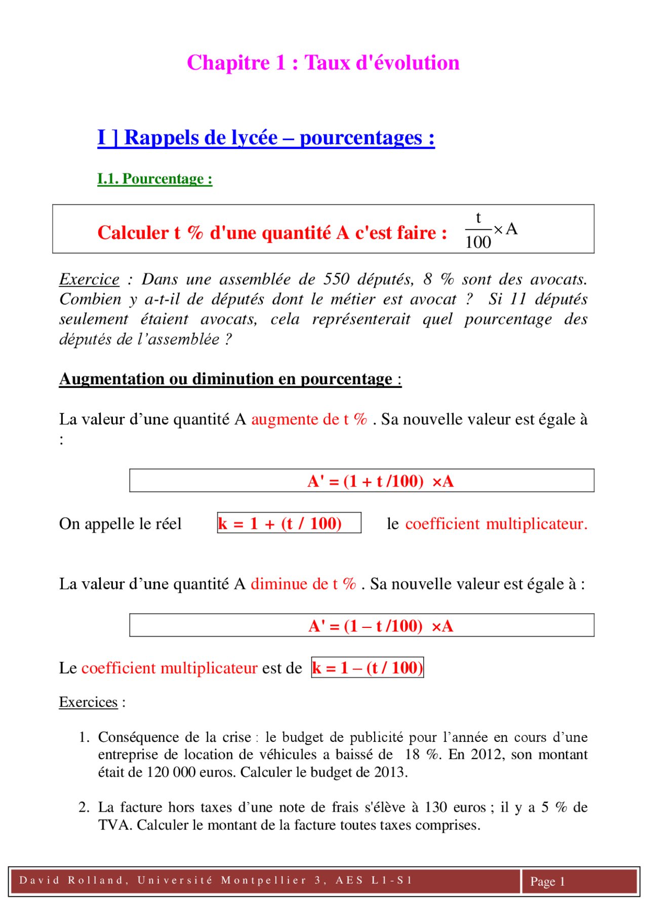 Chapitre 1: Taux d'évolution | Lectures Mathématiques | Docsity