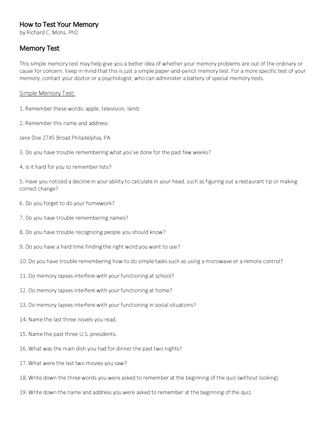 How to Test Your Memory - Docsity