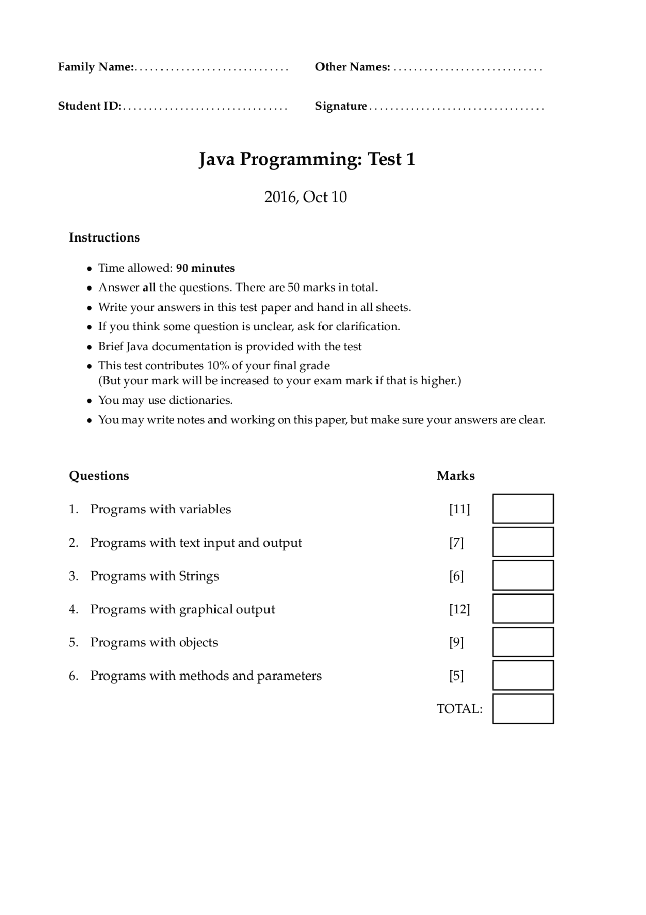 Java Programming: Test 1 - Docsity