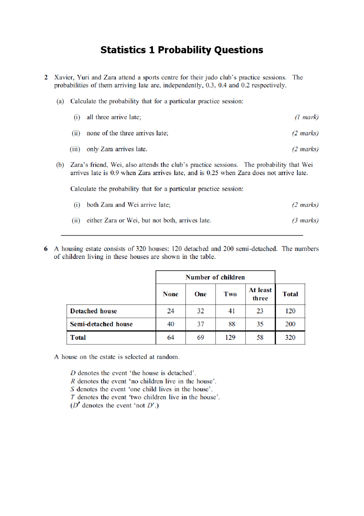 Statistics 1 Probability Questions | Exams Statistics | Docsity