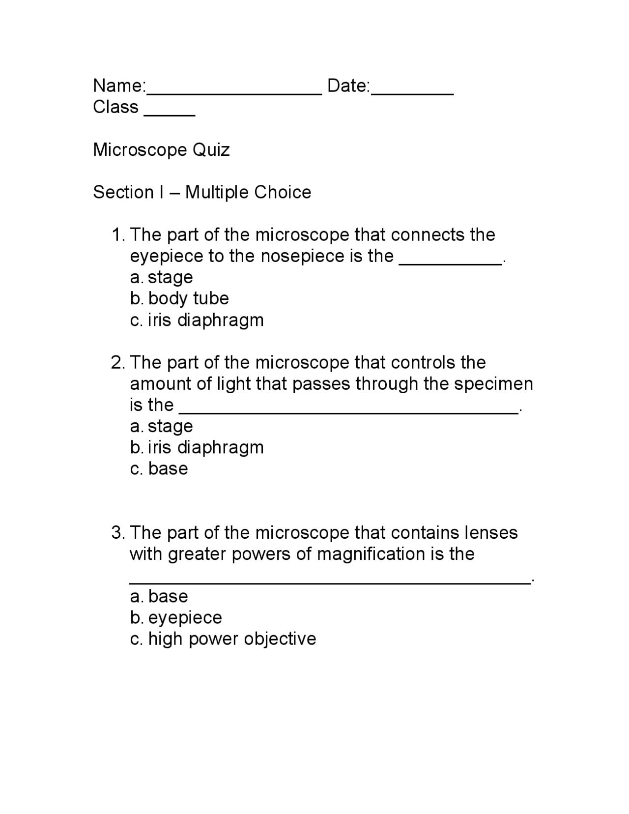Microscope Quiz - Docsity