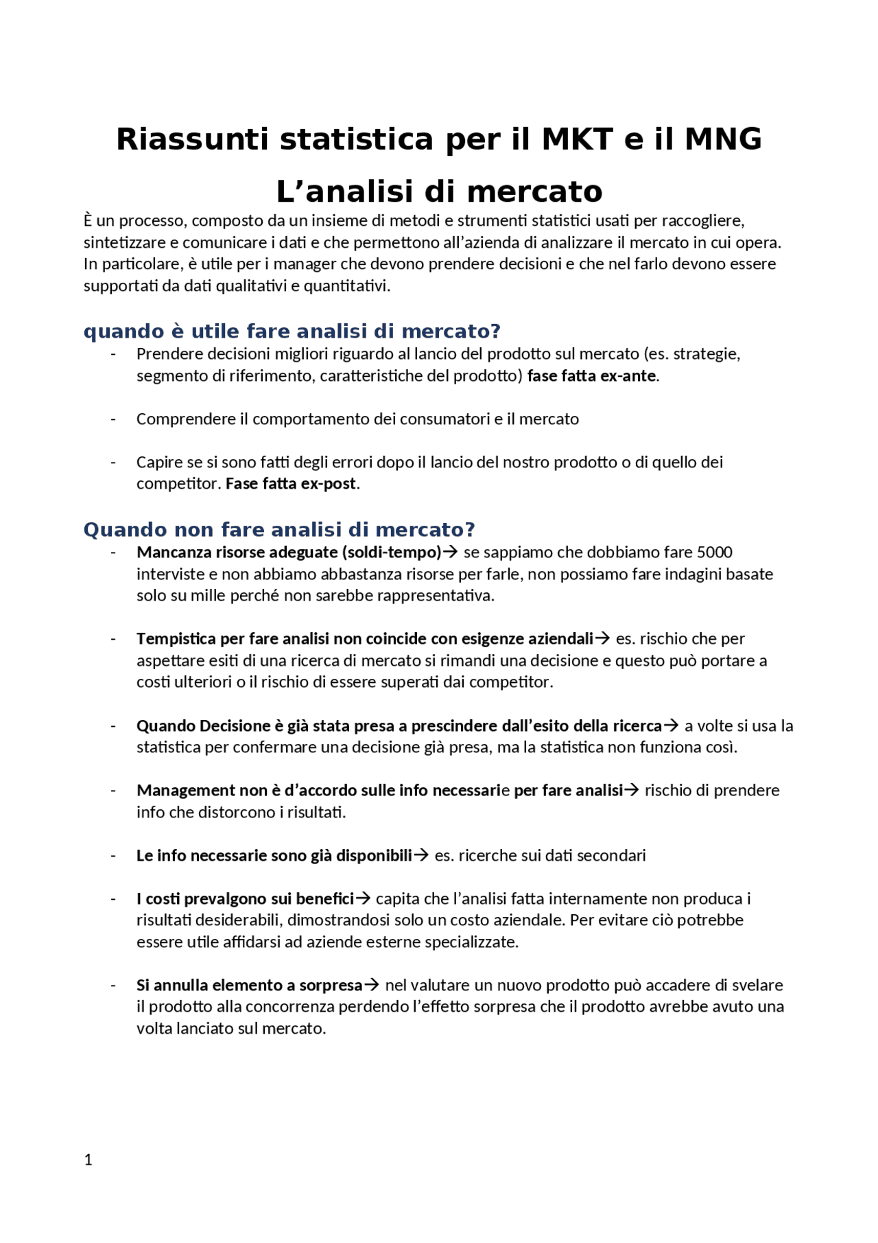 Statistica per il marketing e il management - Docsity