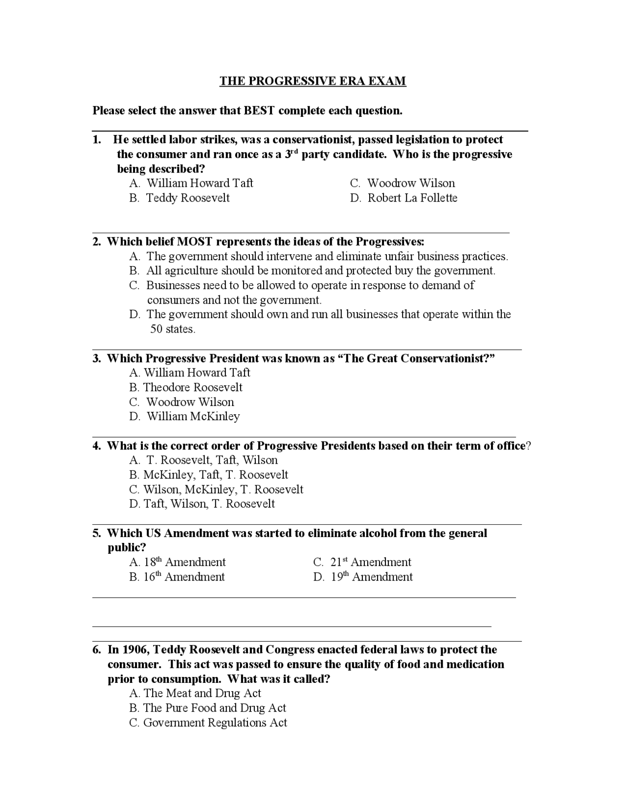 Progressive Era Test Exercises Law Docsity