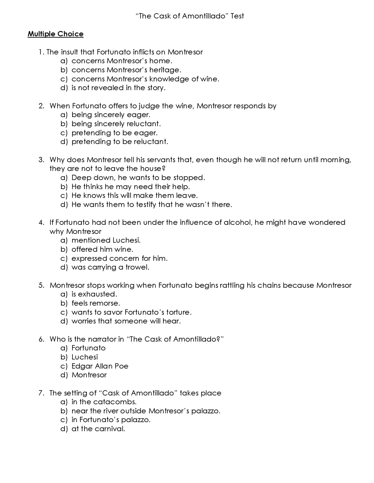 “The Cask of Amontillado” Test | Exercises Literature | Docsity