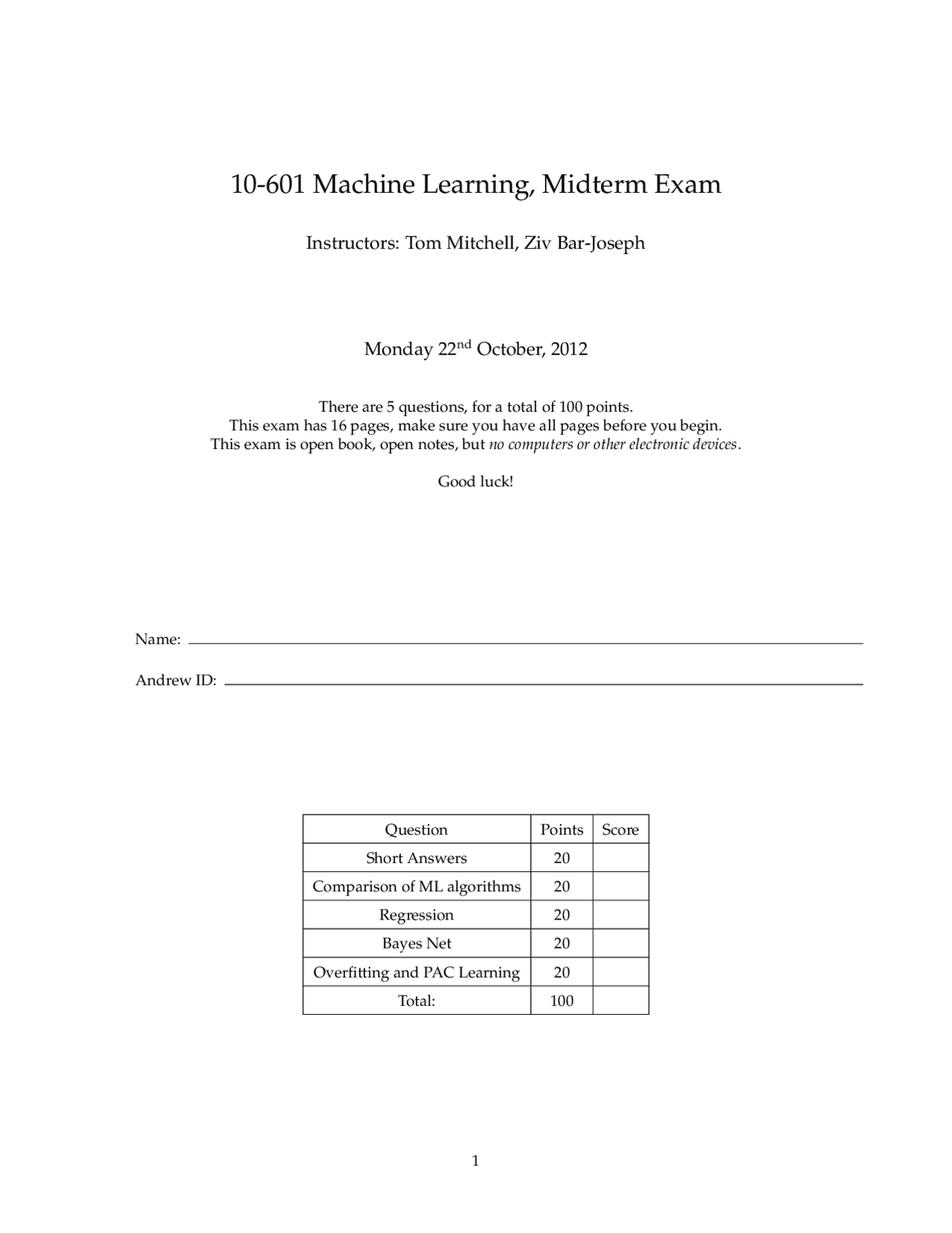 Machine Learning, Midterm Exam | Exams Machine Learning | Docsity