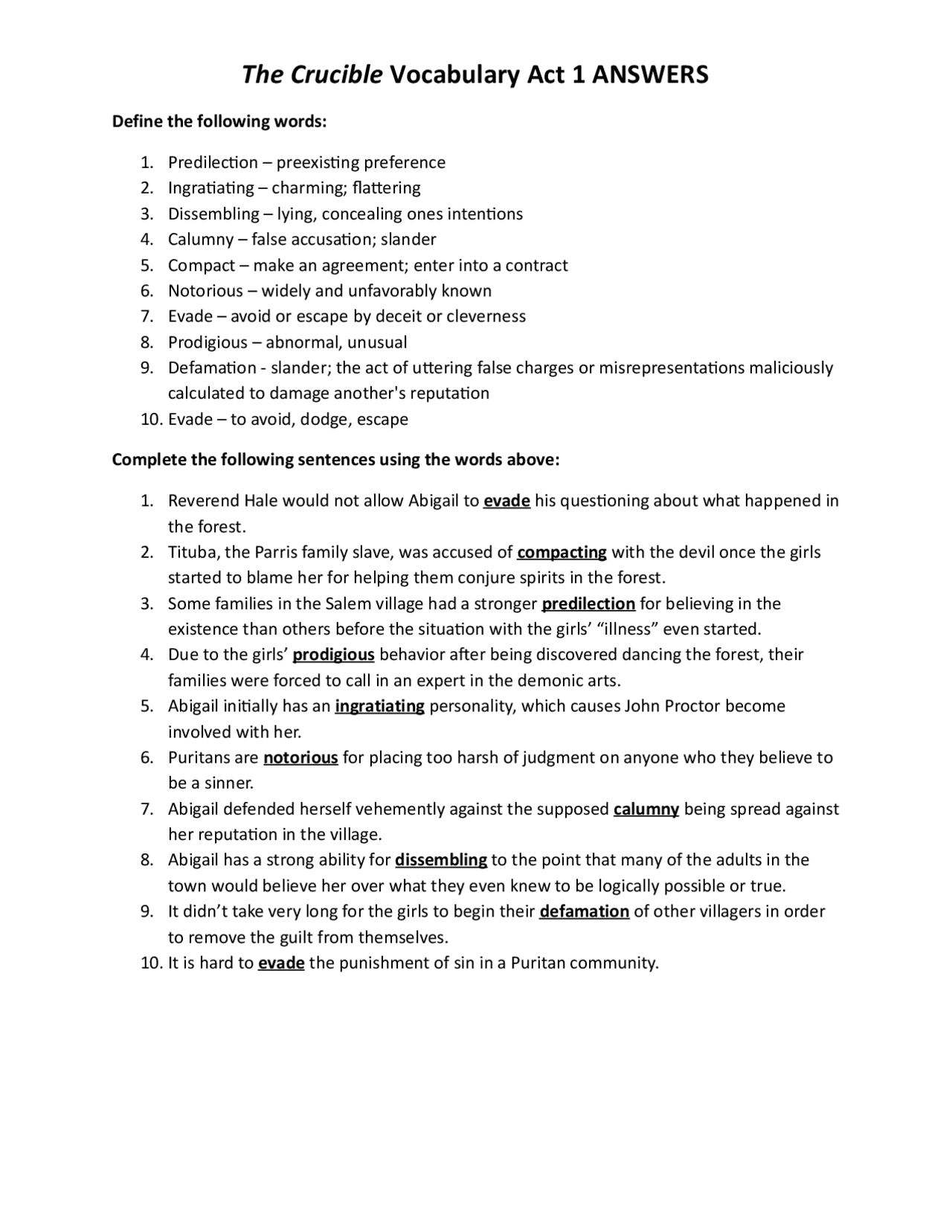 The Crucible Vocabulary Act 1 | Ejercicios Artes escénicas | Docsity
