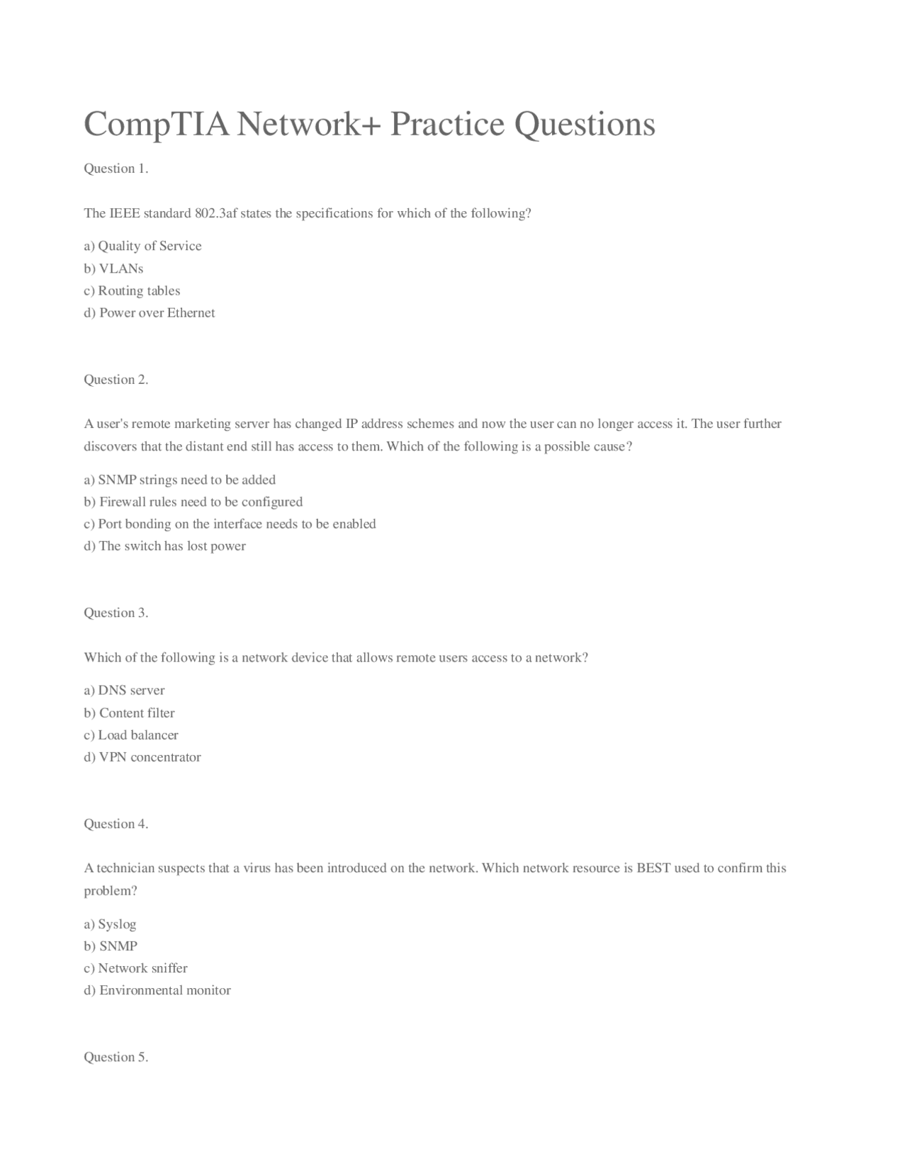 CompTIA Network+ Practice Questions - Docsity
