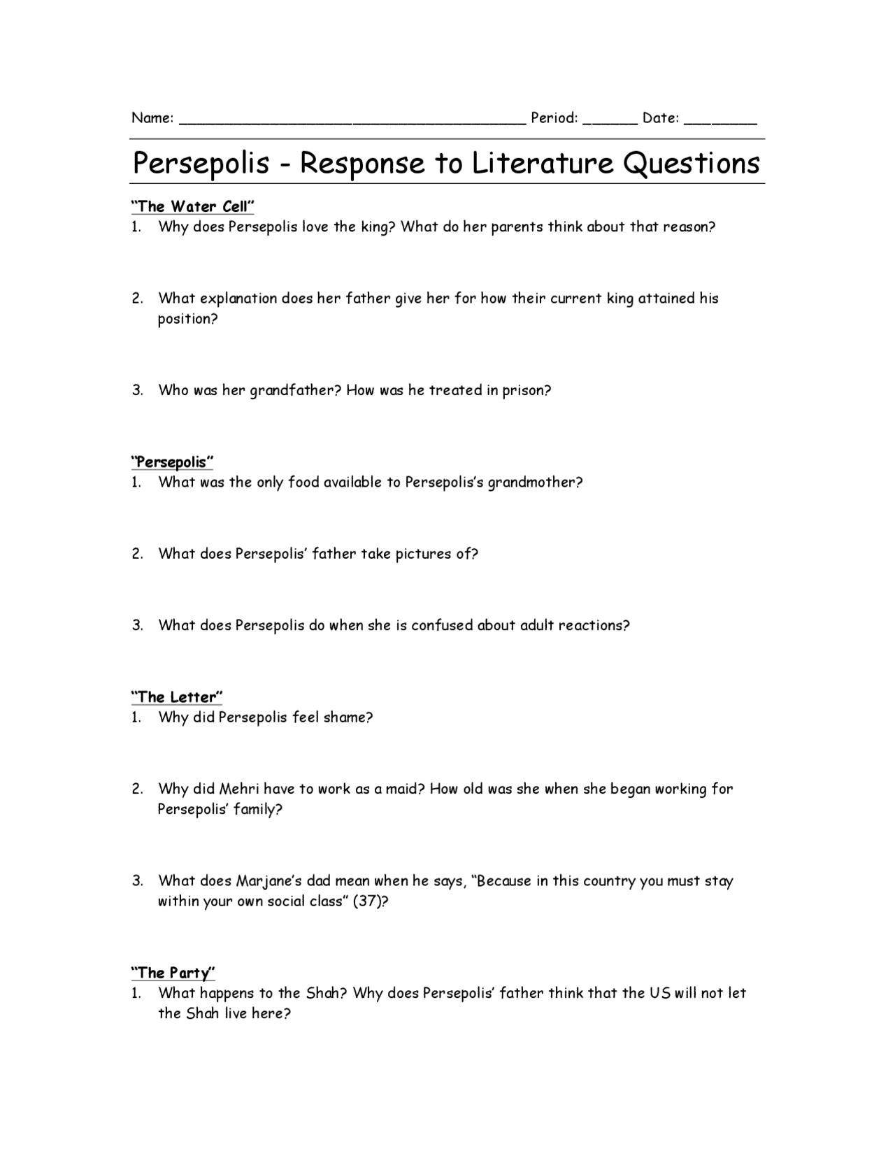 Persepolis Response to Literature Questions Docsity
