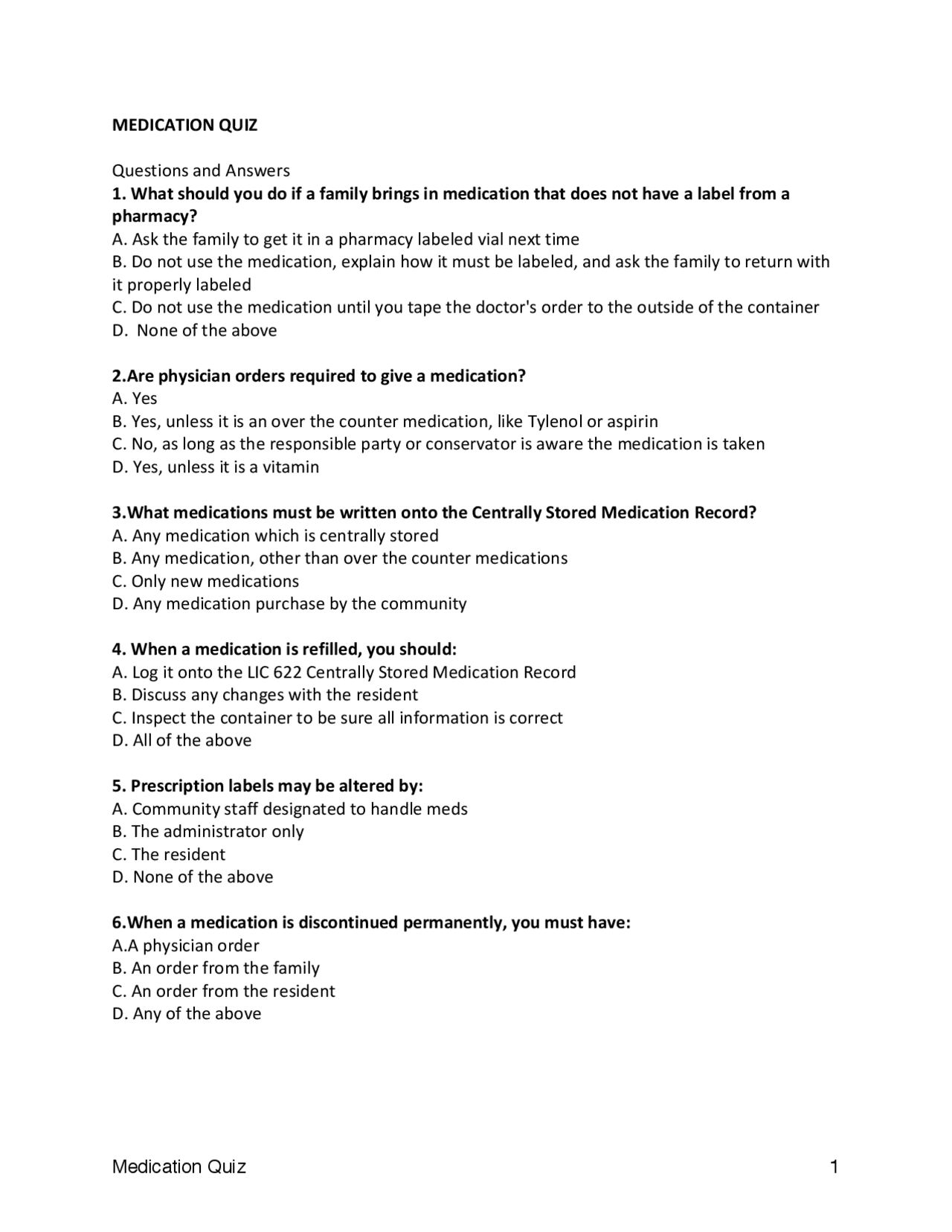 Medication quiz Questions and Answers - Docsity