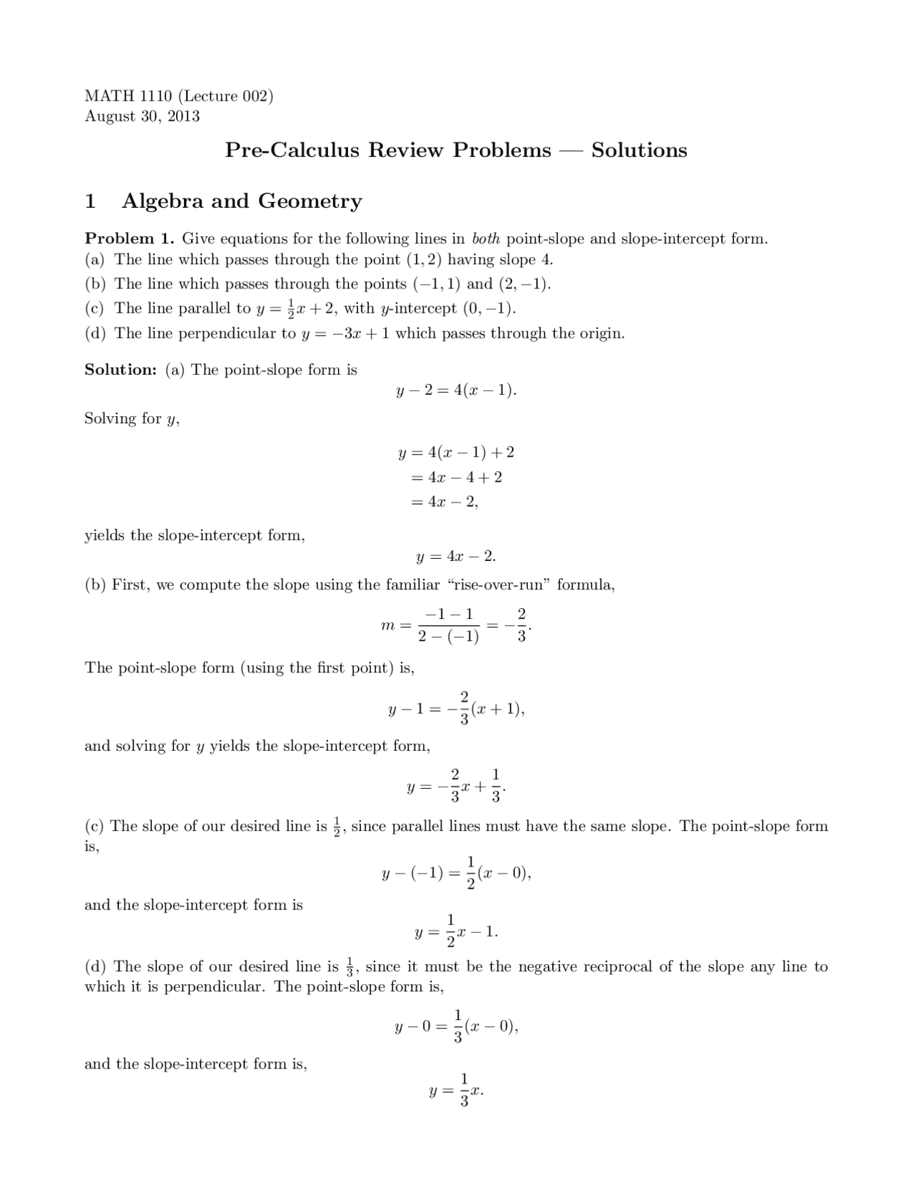 Pre-Calculus Review Problems - Docsity