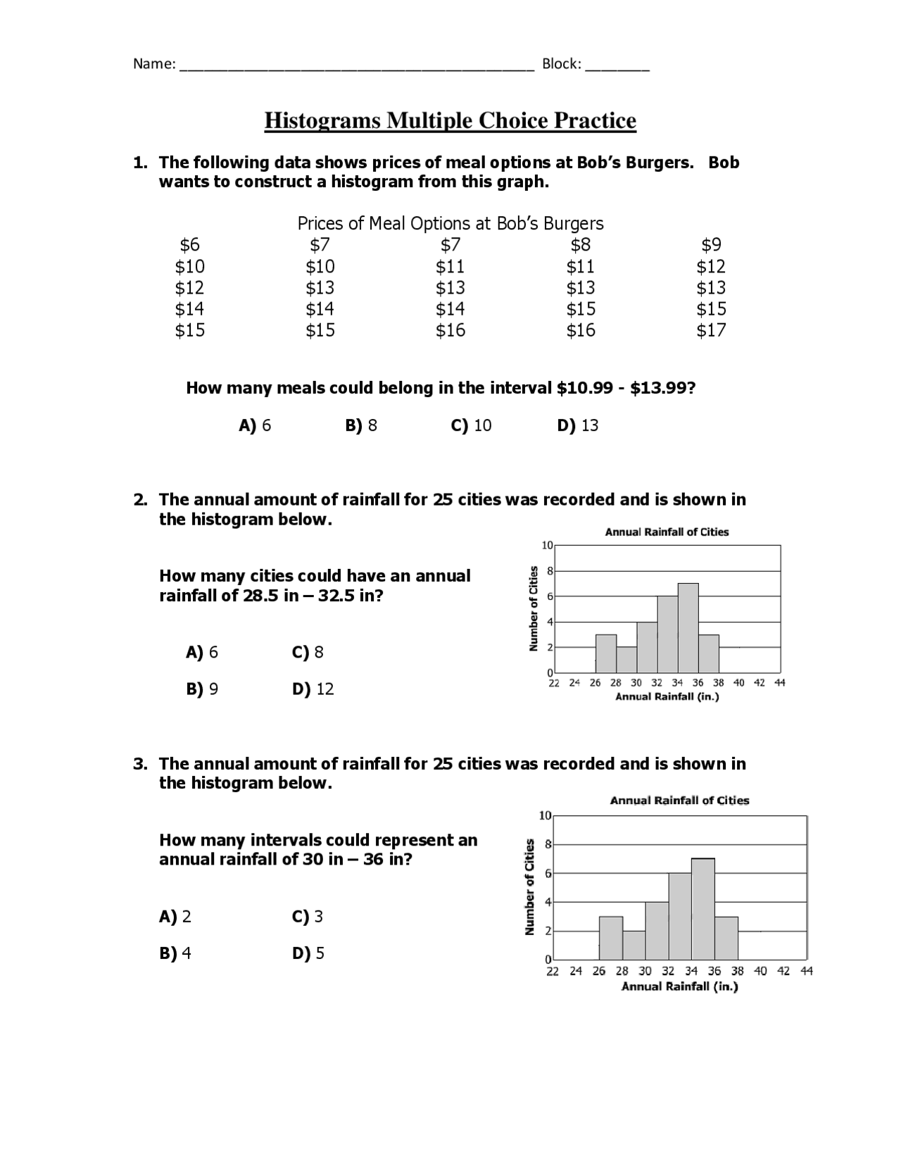 Histograms Multiple Choice Practice | Exercises Statistics - Docsity