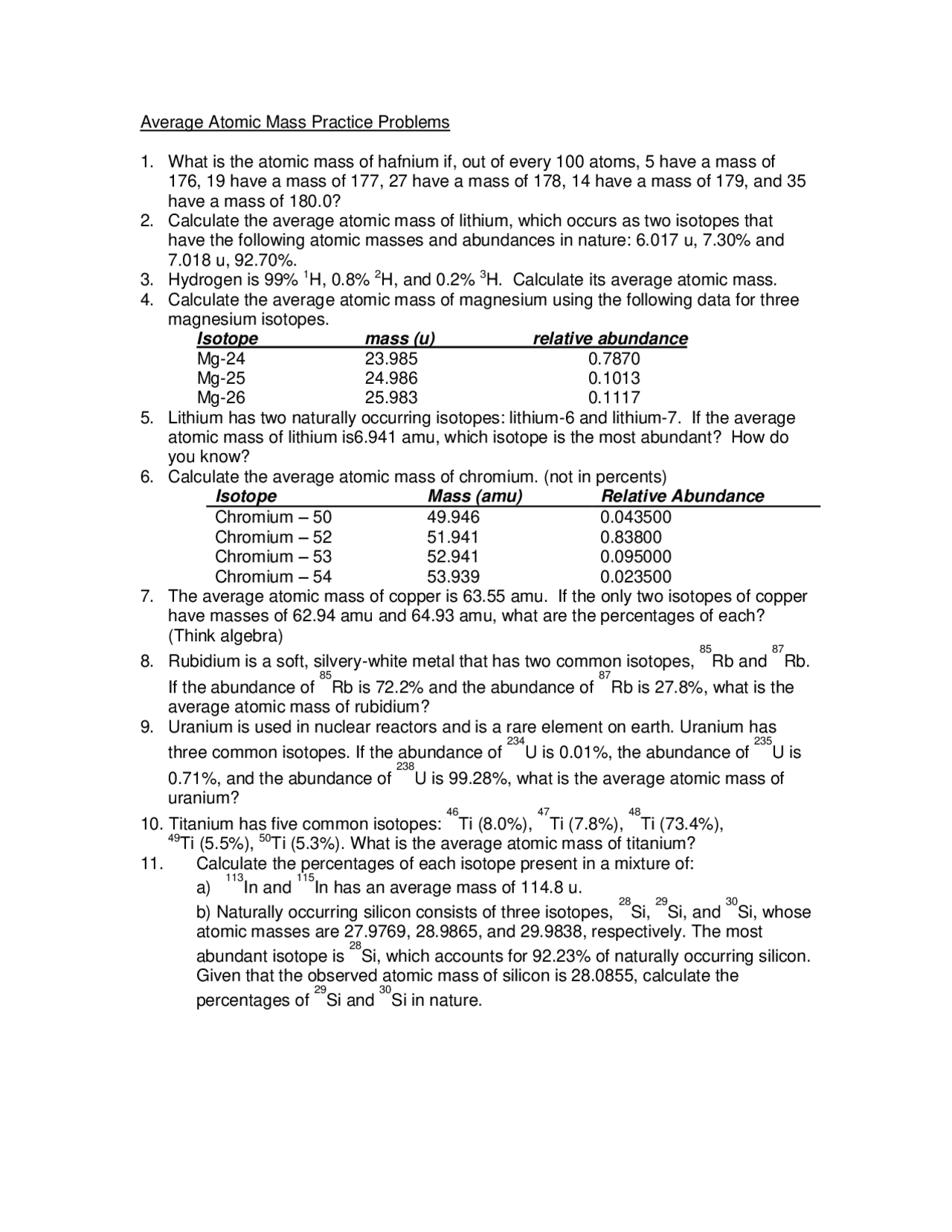 Average Mass Examples Questions Average Atomic Mass Practice Problems - Docsity
