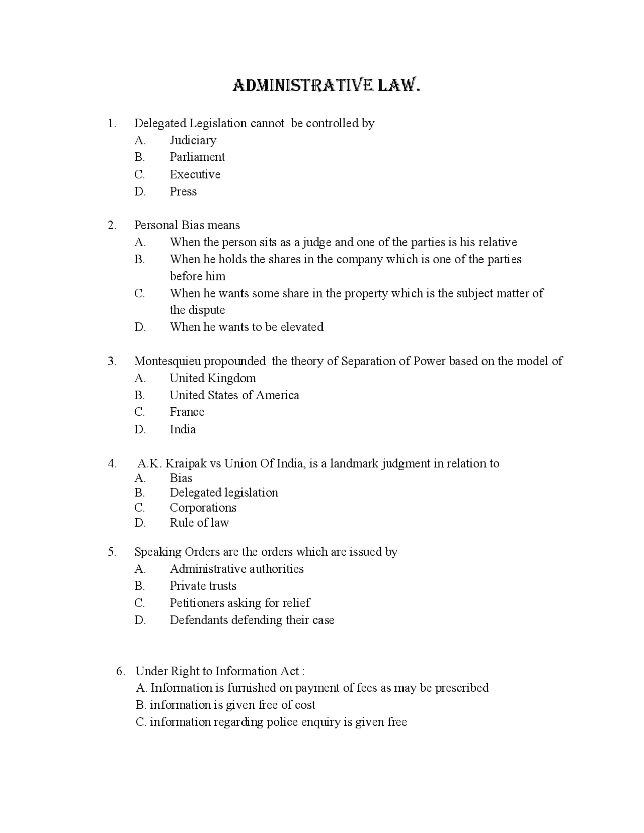 Administrative law questions and answers - Docsity