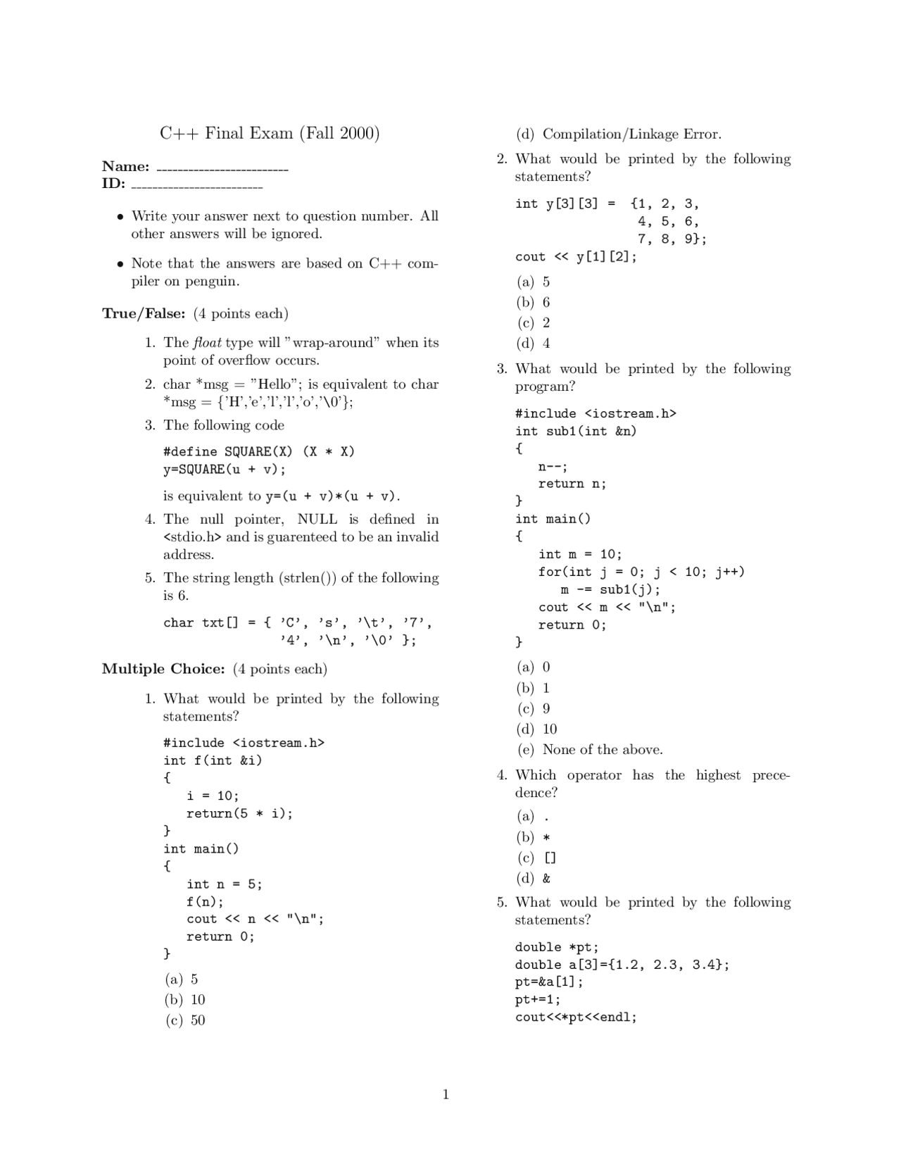 C++ Final Exam - Fall 2000 - Docsity