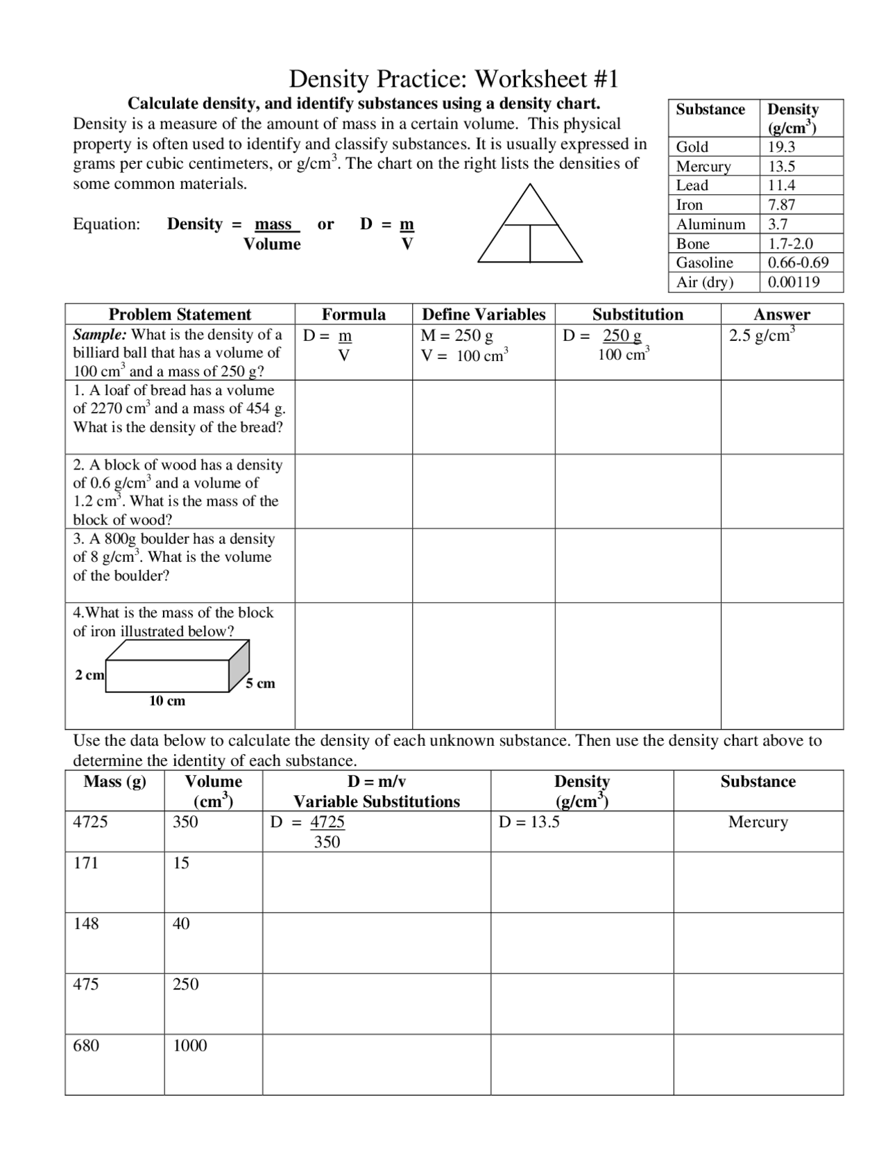 Density Practice: Worksheet #1 - Docsity