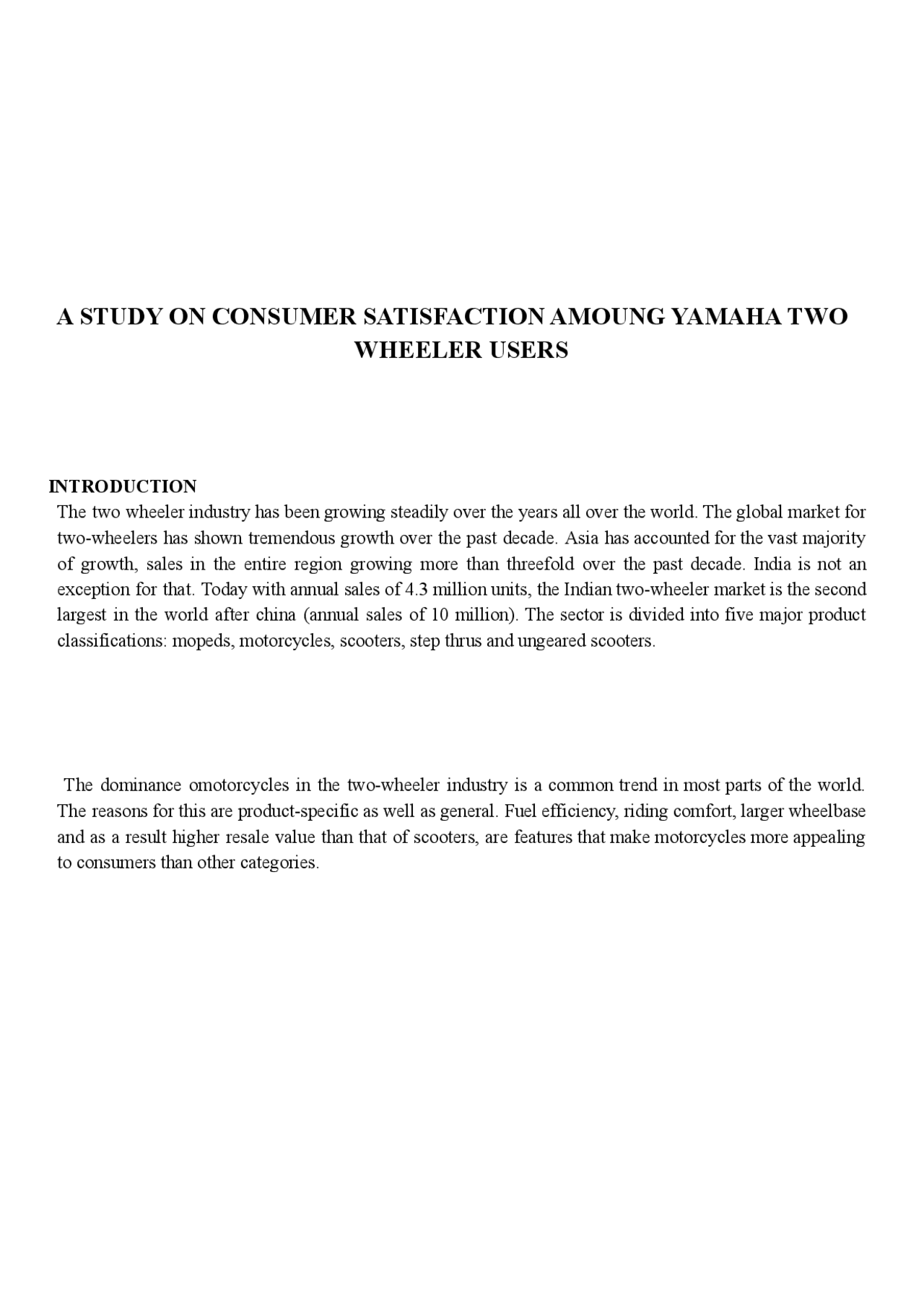 A study on customer satisfaction towards Yamaha Two Wheelers - Docsity