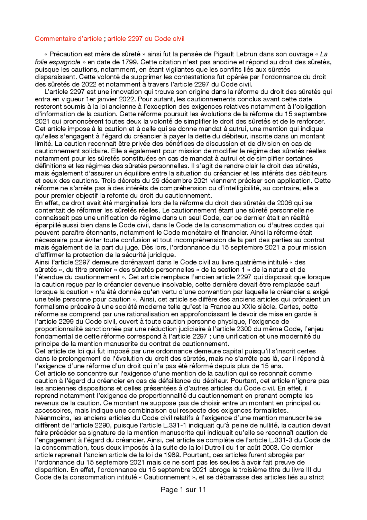 Droit des sûretés ; comment de l'article 2297 du nouveau Code civil ...