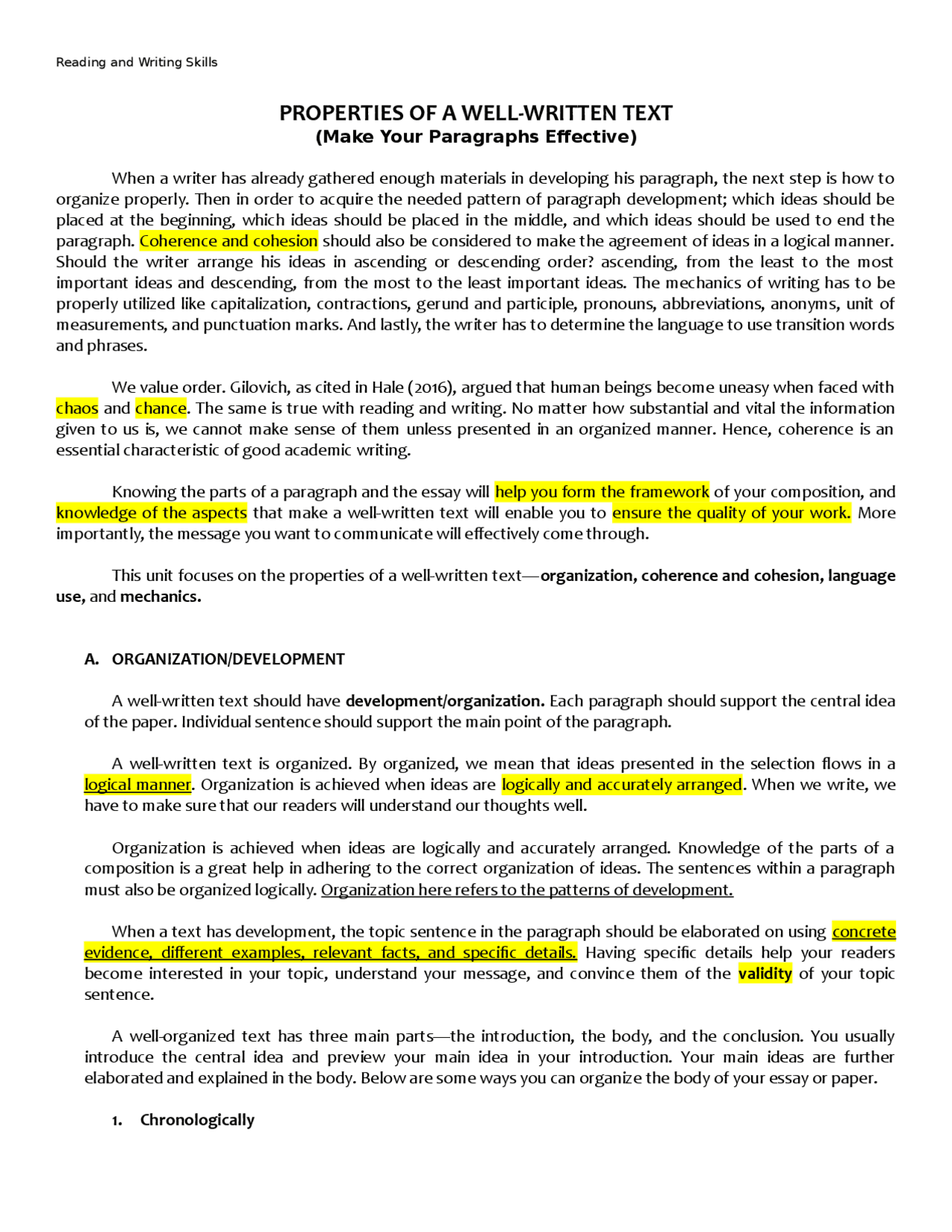 The properties of well written text Docsity