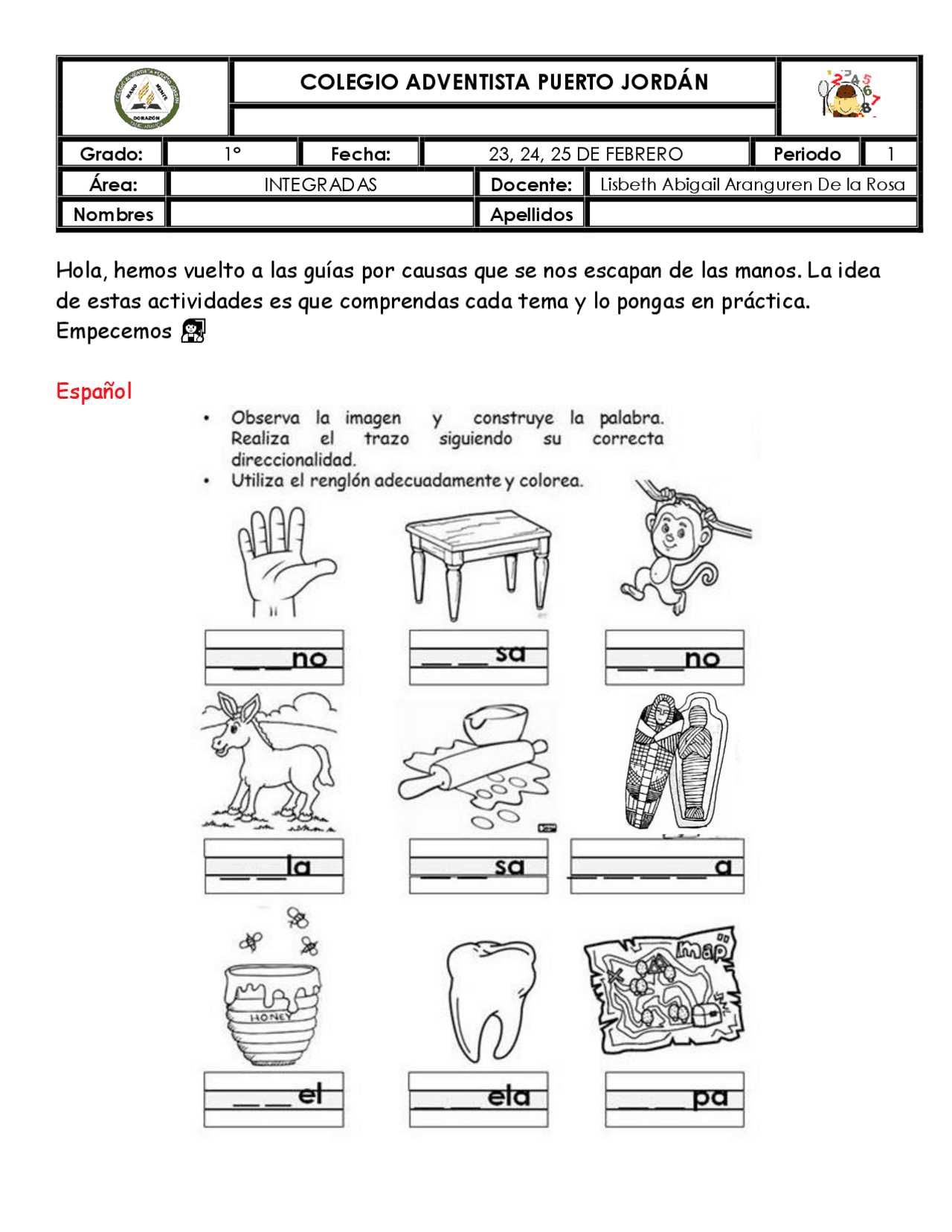 Guía de español y algunas otras materias para los niños de primer grado -  Docsity