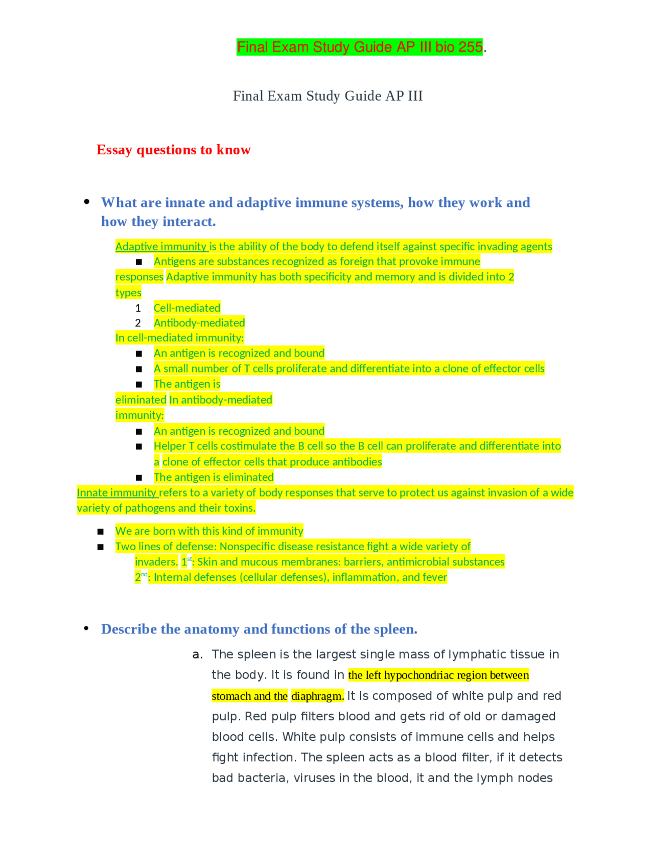 Final Exam Study Guide AP III bio 255. - Docsity