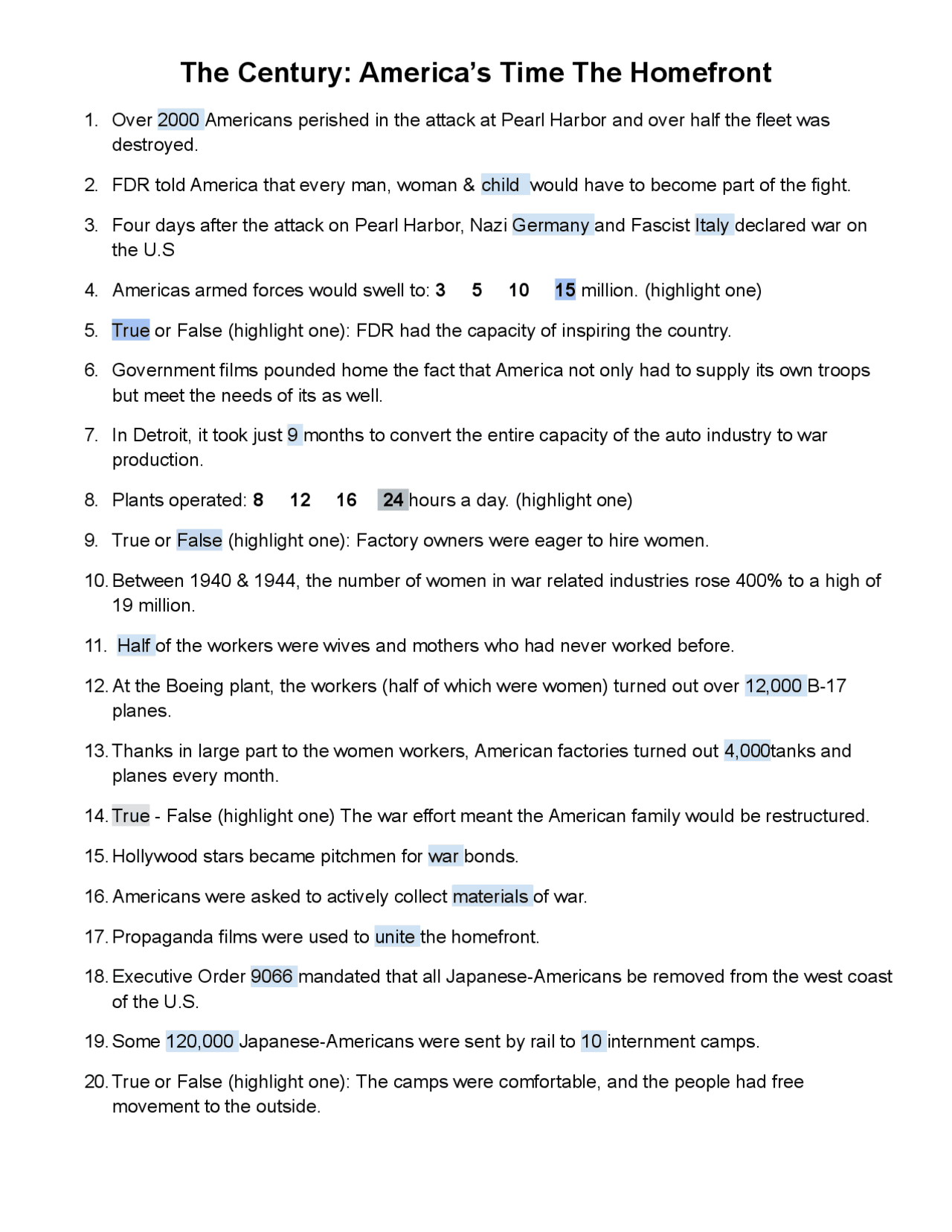Answer key to the Century home front video. | Slides History | Docsity answer-key-to-the-century-home-front-video-slides-history-docsity