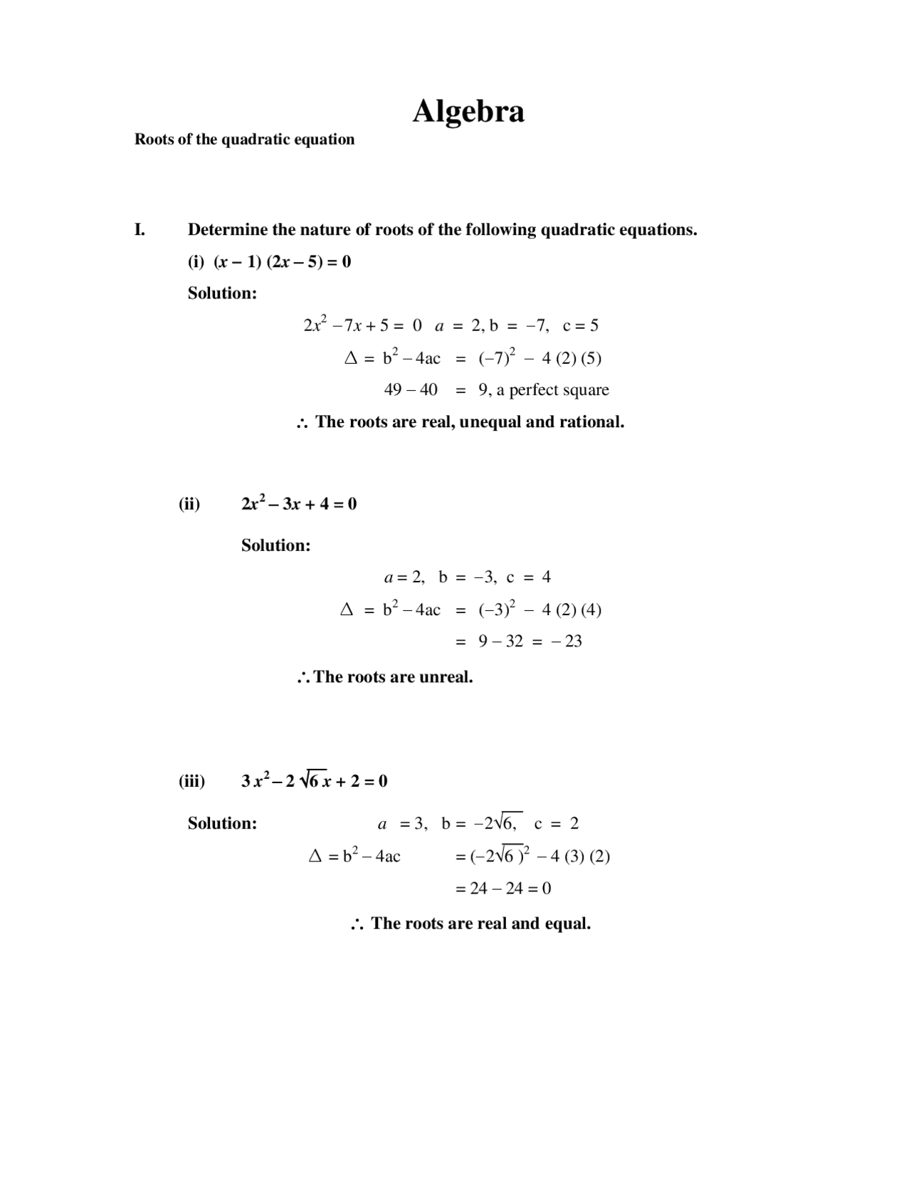 Algebra _ Roots of the quadratic equation - Docsity