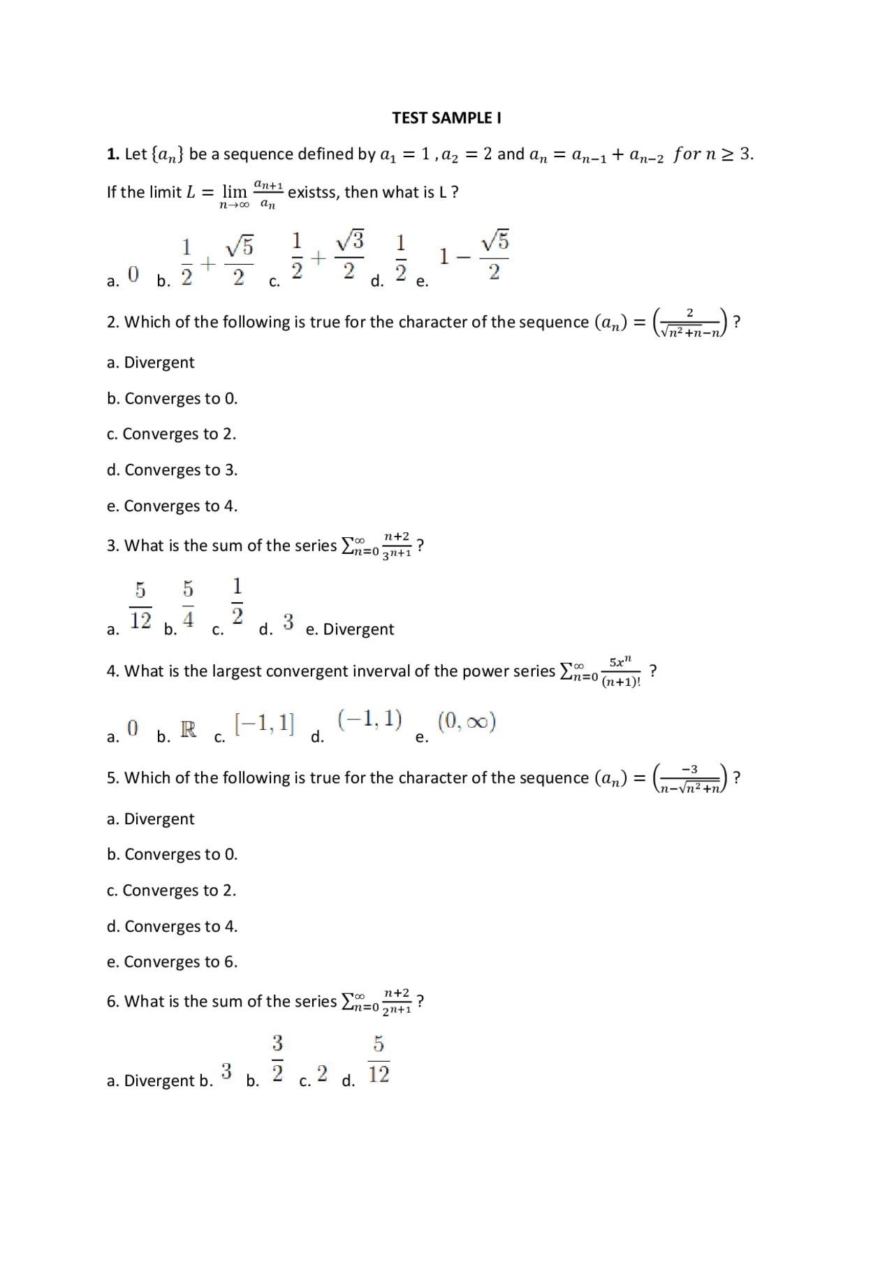 Math2 Test with Answers - Docsity