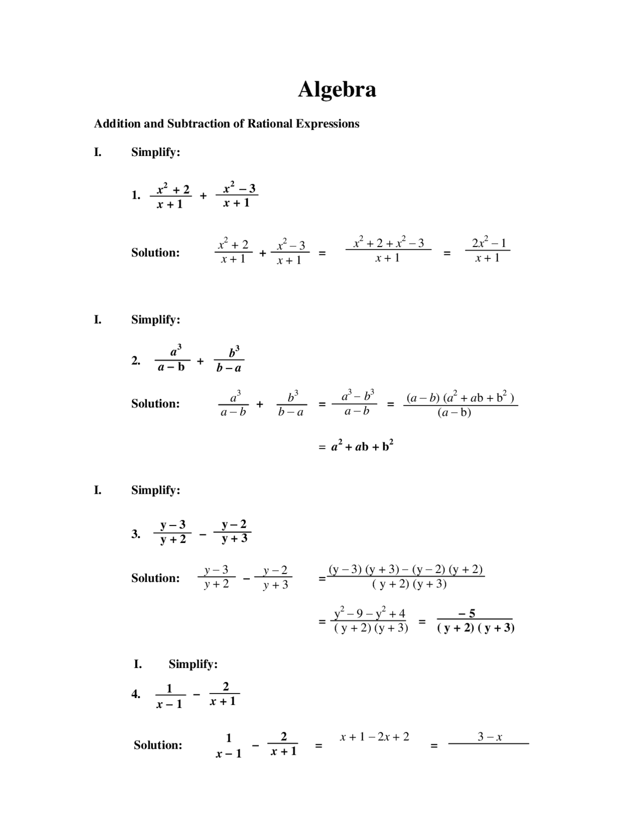 Algebra _ Addition and Subtraction of Rational Expressions Docsity