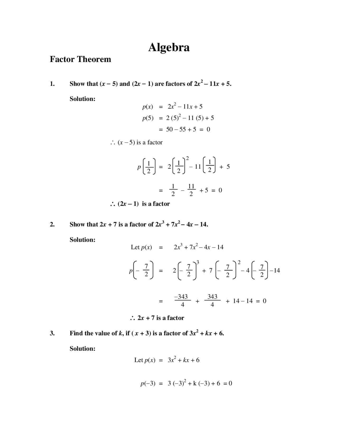 Algebra Factor Theorem Docsity