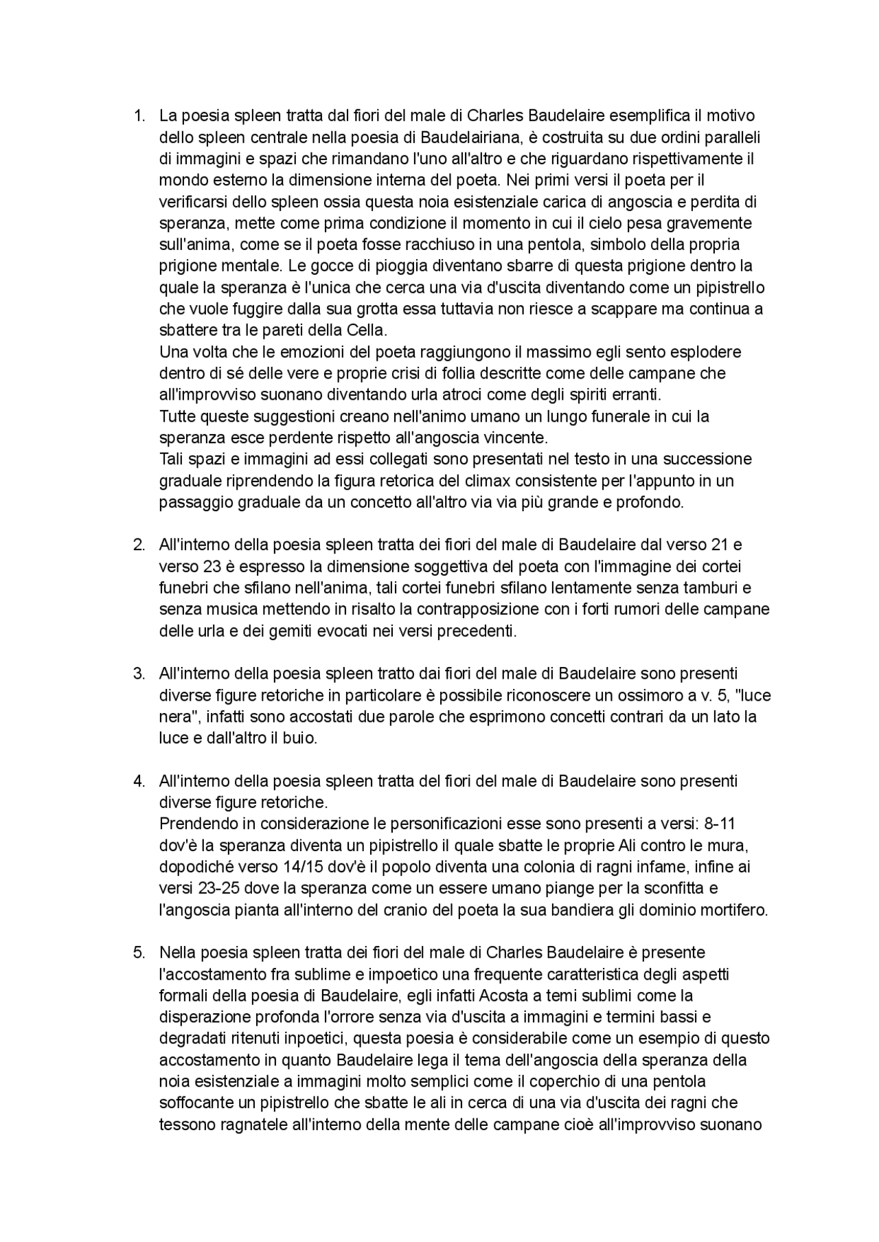 Esercizi de Spleen, Baudelaire Esercizi di Italiano Docsity