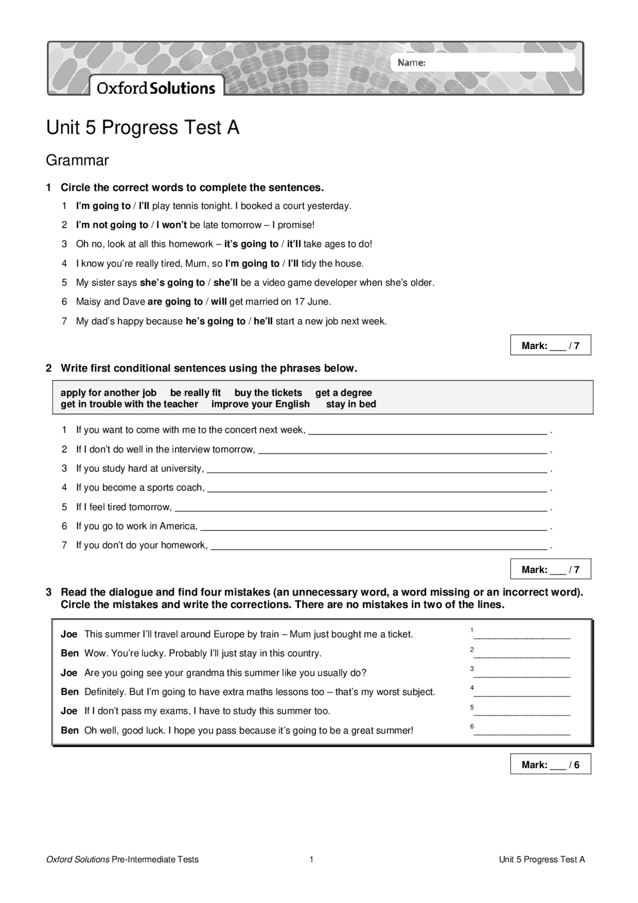 Oxford Solutions Pre-intermediate Sprawdzian Unit 5 Pdf