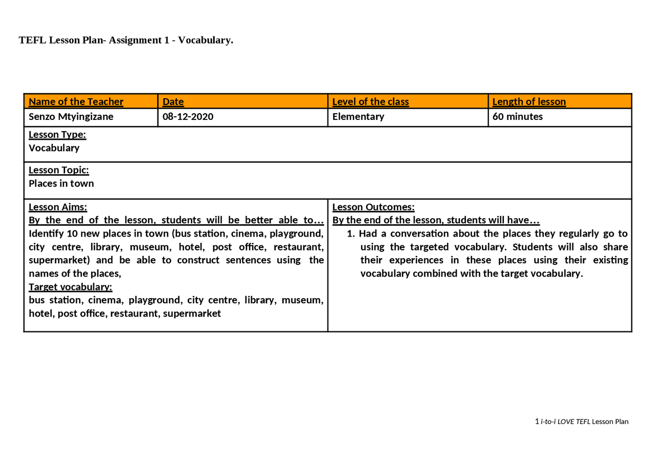AGE 31TEFL Lesson Plan- Assignment 1 - Vocabulary. - Docsity
