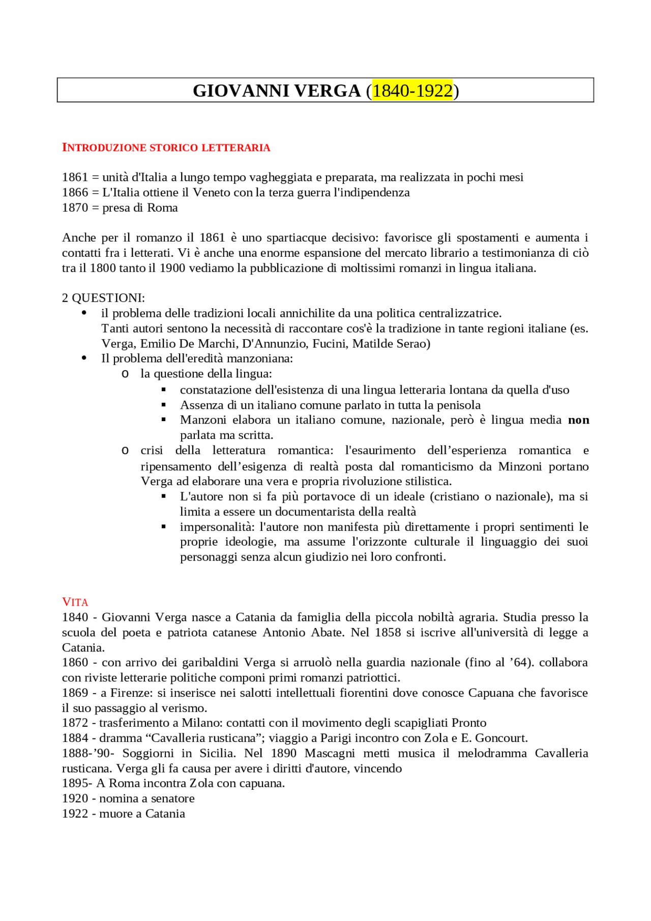 GIOVANNI VERGA vita e opere Study notes of Italian Docsity