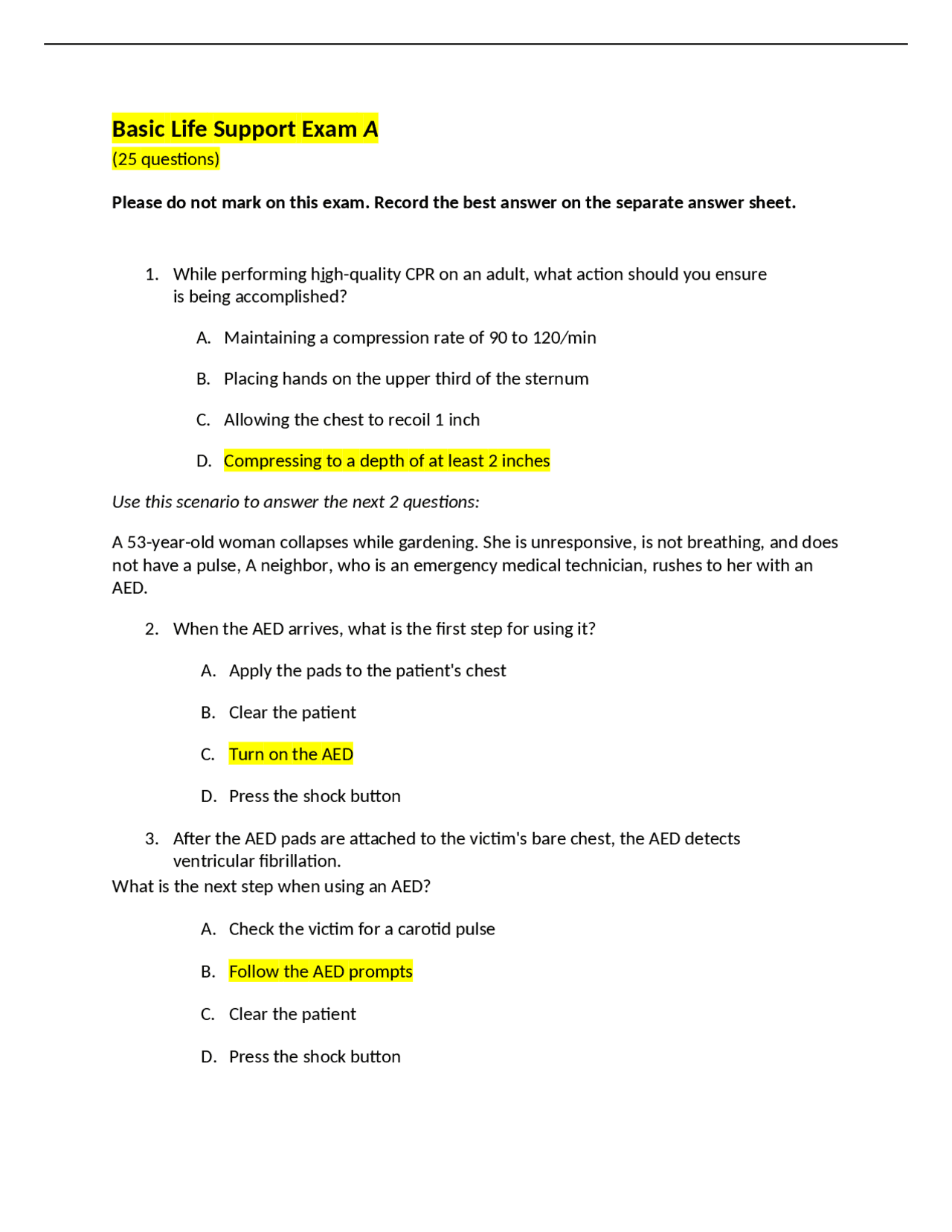 Basic Life Support Exam A-complete questions and answers Updated 2022 ...