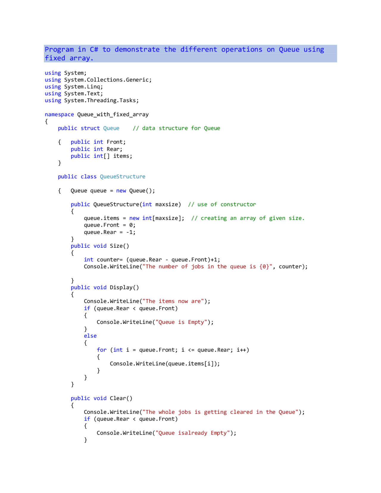 Program in C# on Queue with fixed array - Docsity