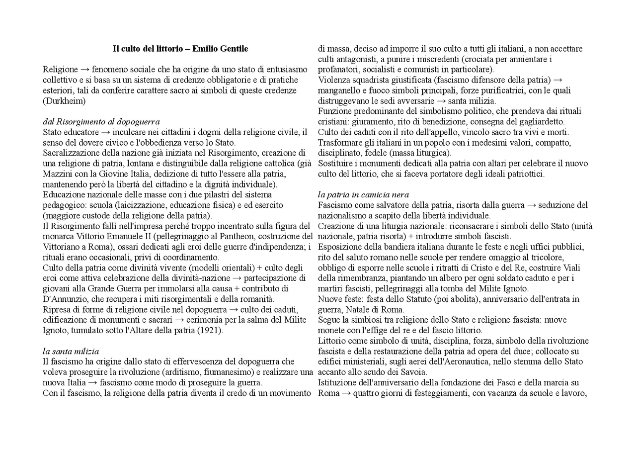 Breve riassunto del libro "IL CULTO DEL LITTORIO" di Emilio Gentile
