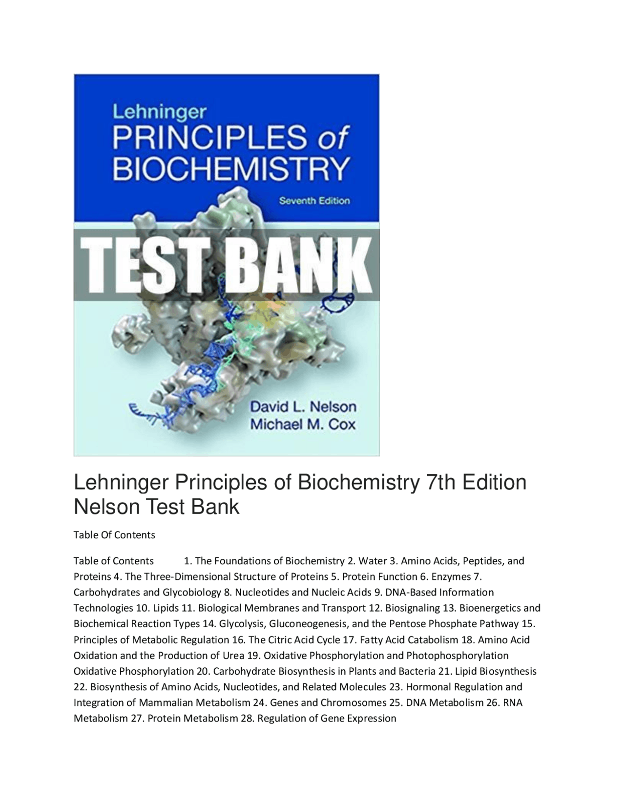 Lehninger Principles of Biochemistry 7th Edition Nelson Test Bank