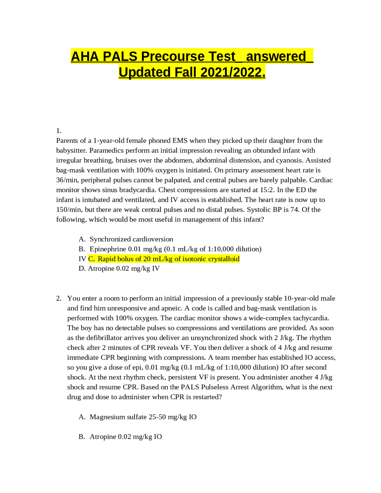 AHA PALS Precourse Test_ answered_ Updated Fall 2021/2022. - Docsity
