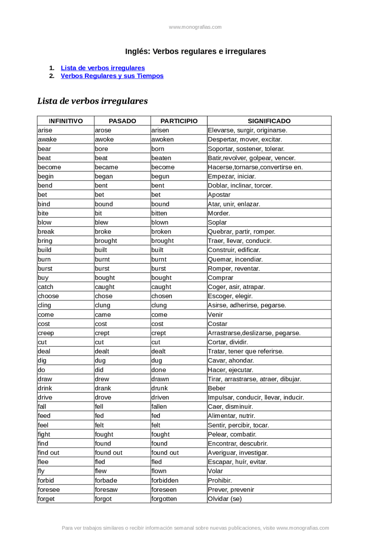 Verb irregulares y vreb regulars | Ejercicios de Inglés | Docsity