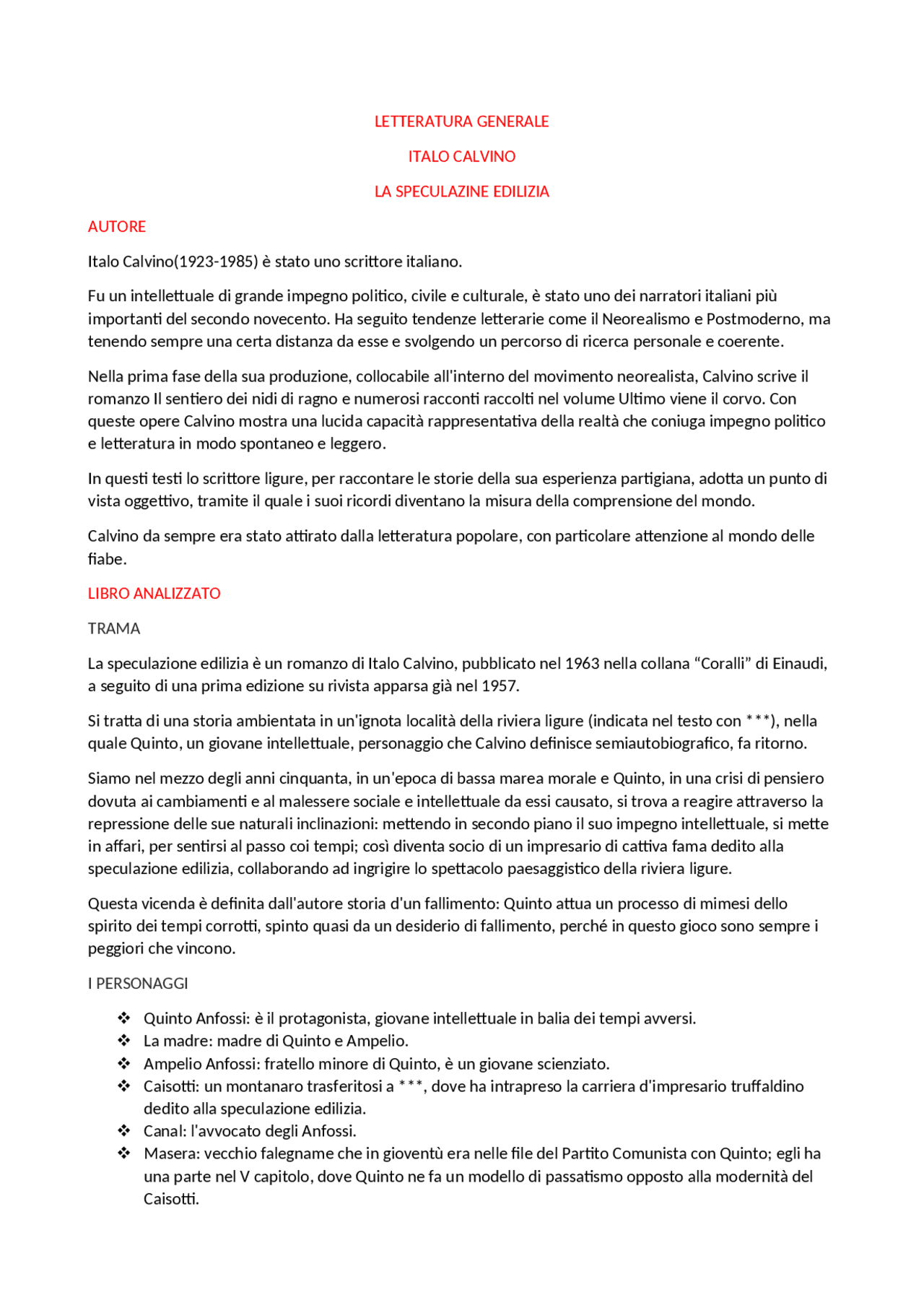 Italo Calvino speculazione edilizia Slide di Letteratura Docsity