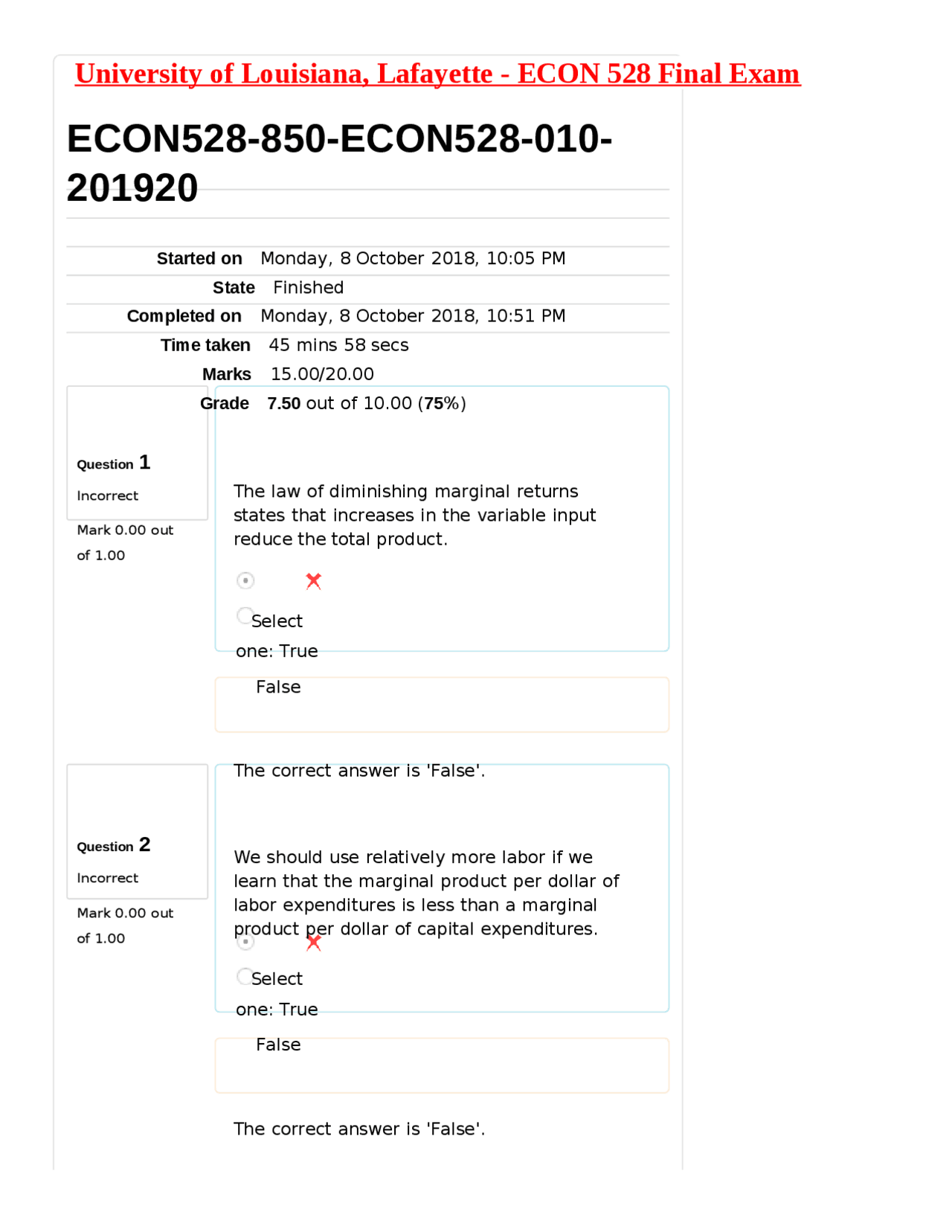 University of Louisiana, Lafayette ECON 528 Final Exam Docsity