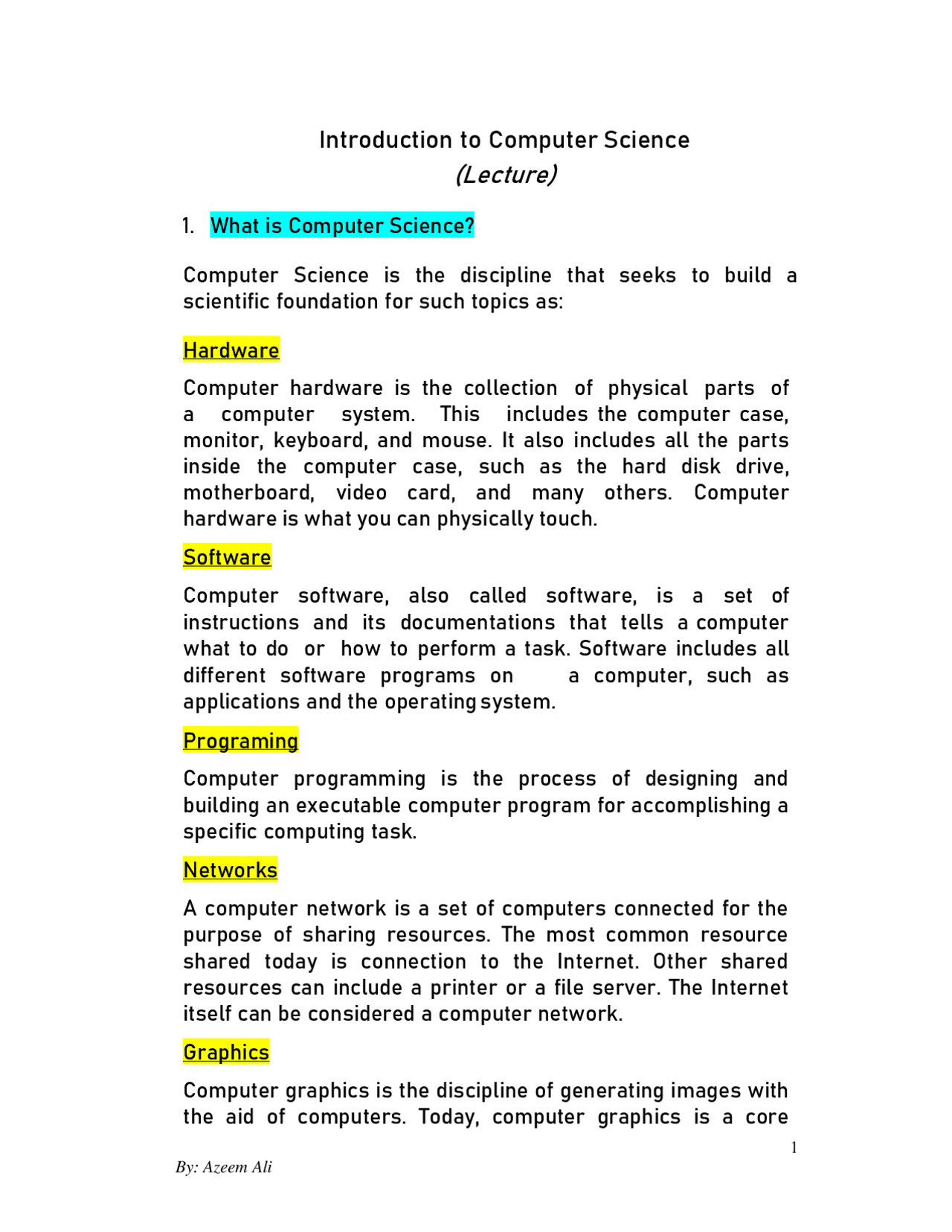 Introduction to Computer Science - Docsity