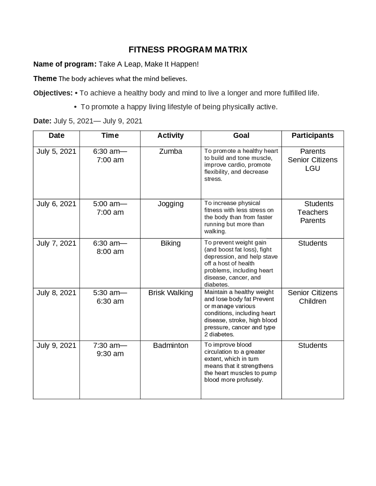Fitness Program Matrix - Docsity