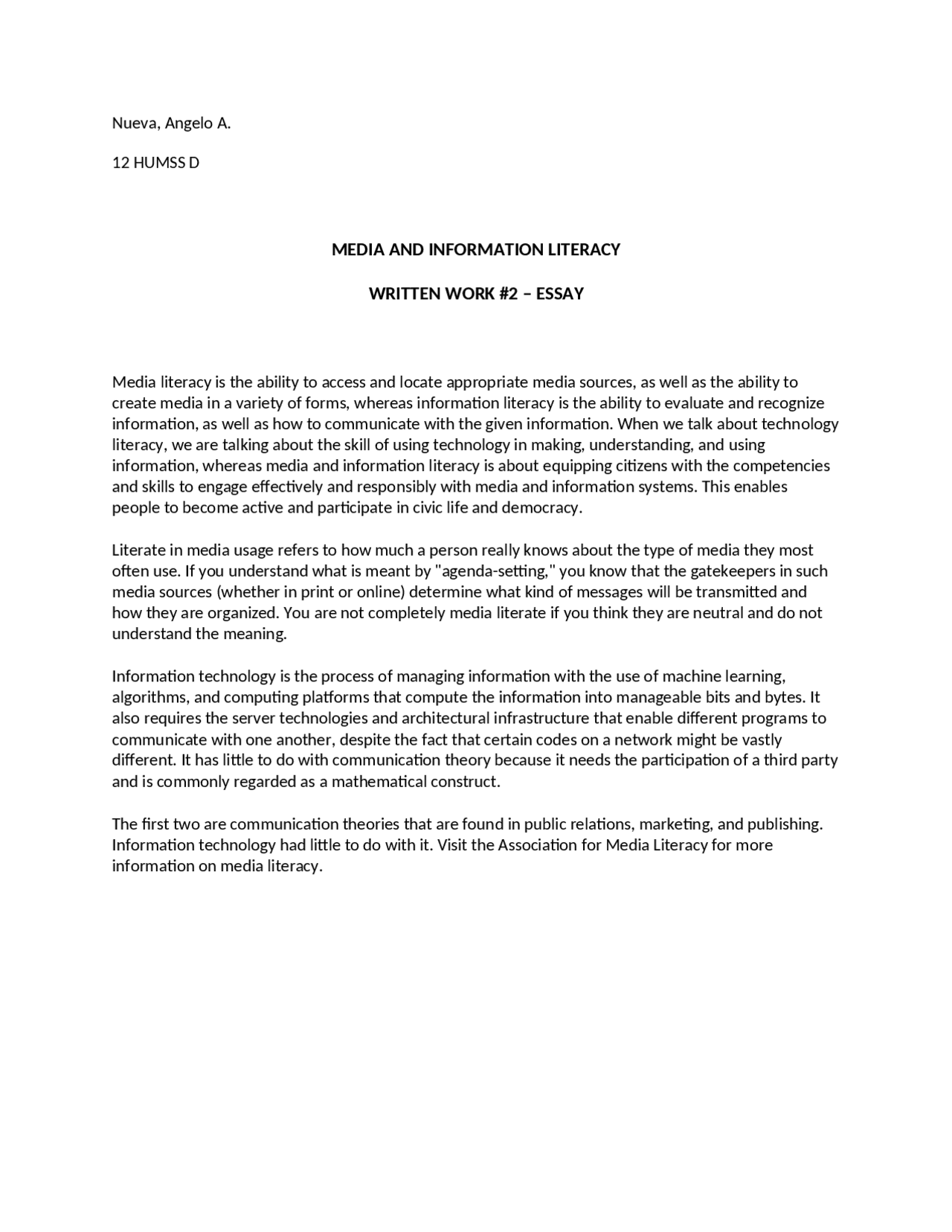 MEDIA INFORMATION AND LITERACY WRITTEN WORK 2 - Docsity
